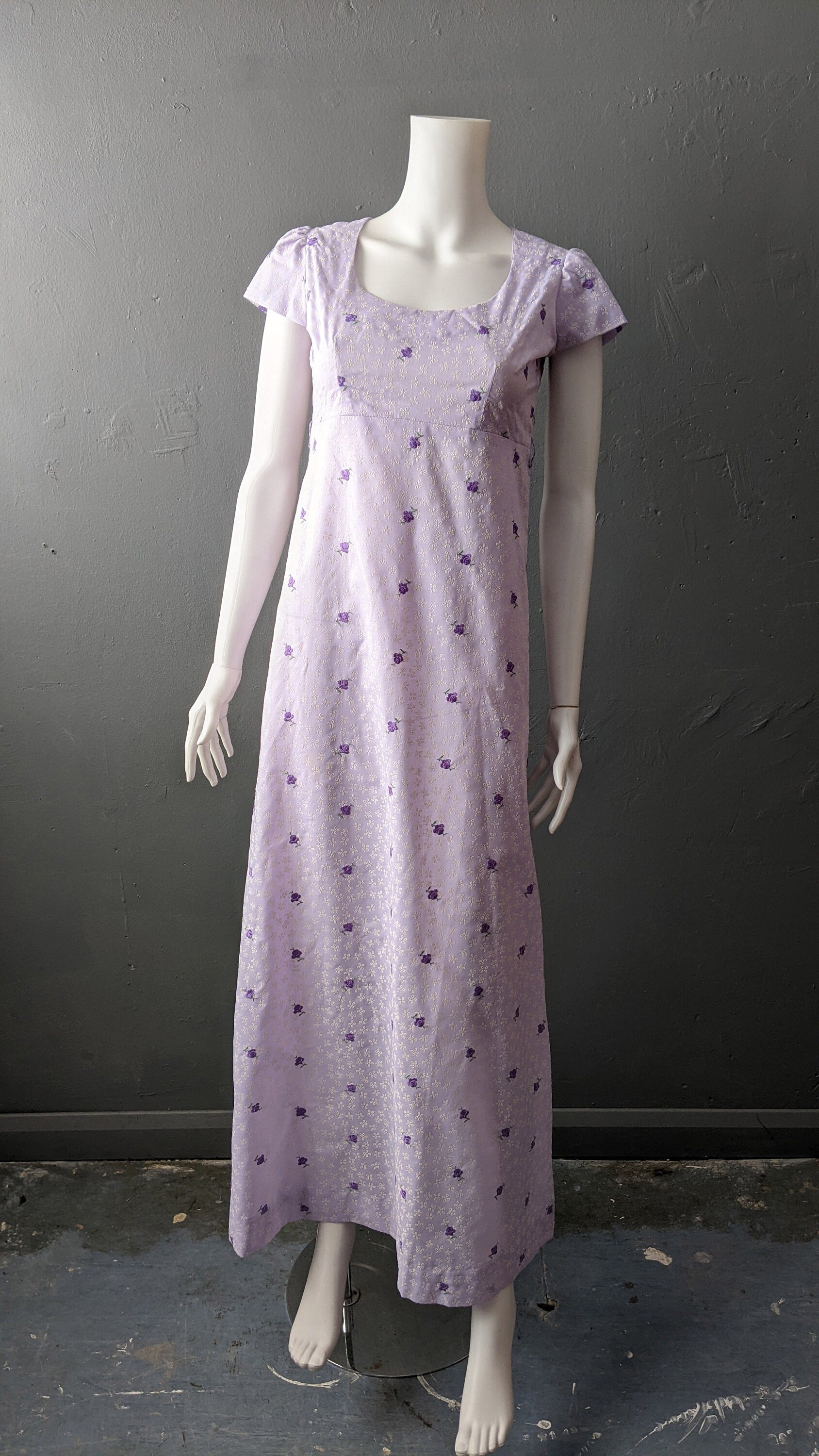 70s Lilac Maxi Dress, Flocked Flowers Empire Waist, Size Small