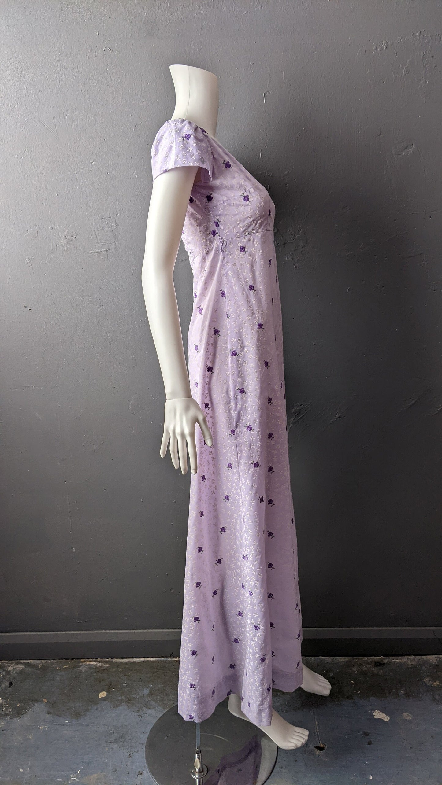 70s Lilac Maxi Dress, Flocked Flowers Empire Waist, Size Small