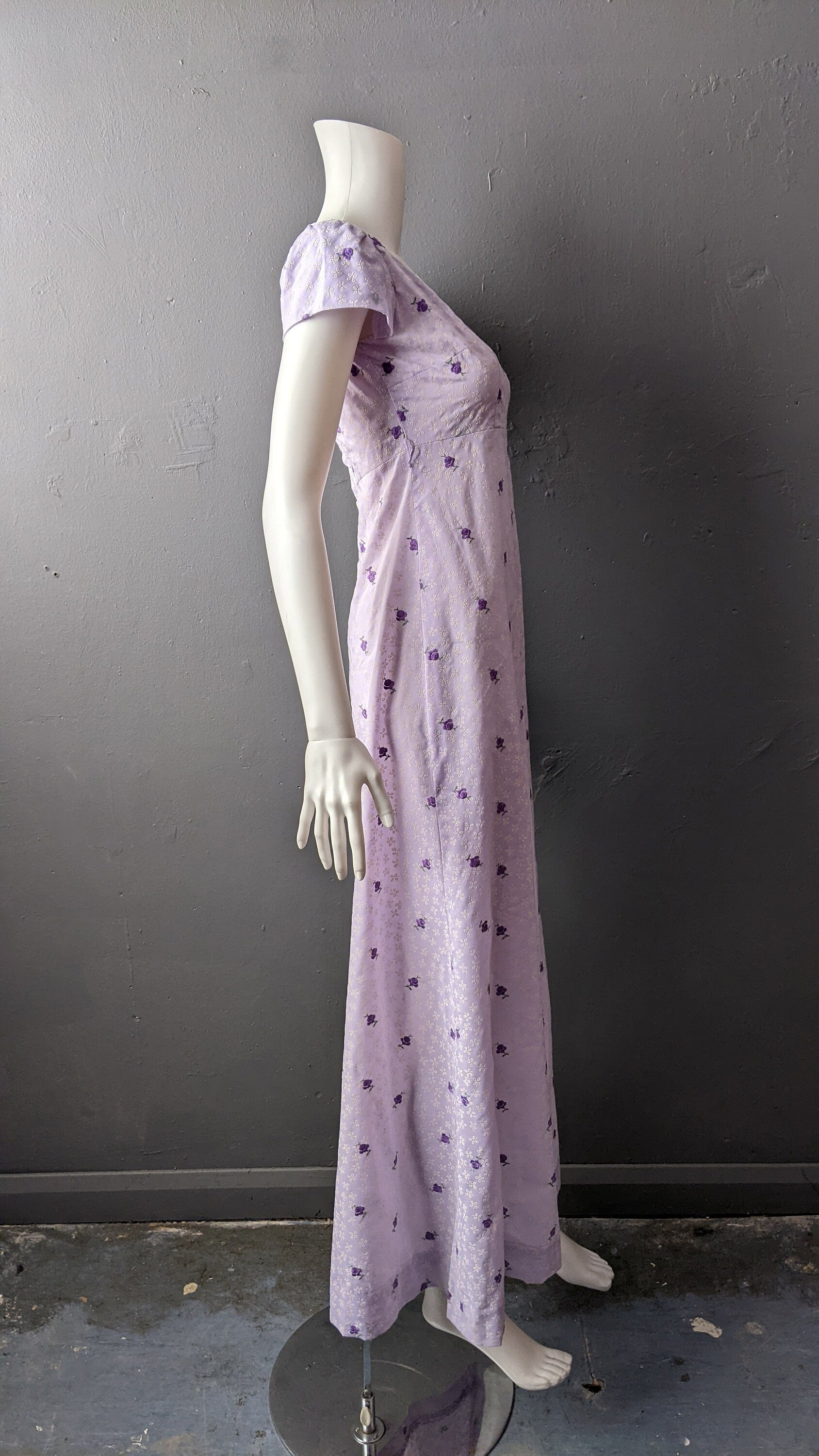 70s Lilac Maxi Dress, Flocked Flowers Empire Waist, Size Small