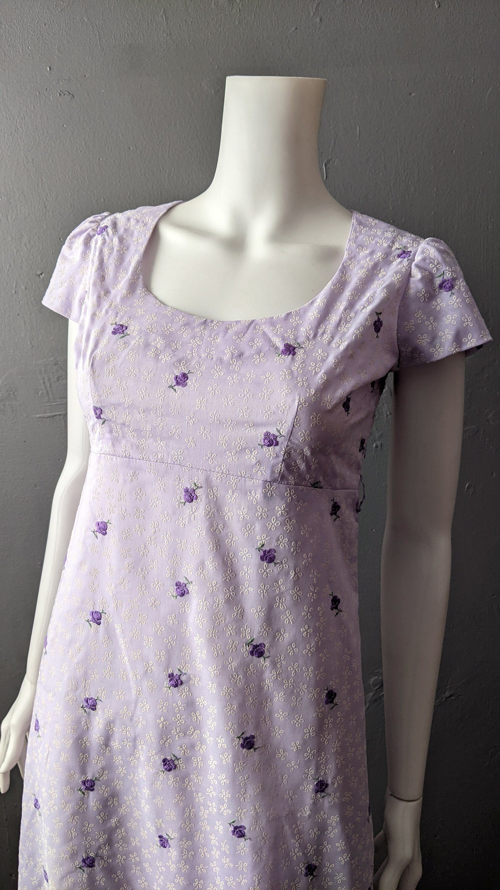 70s Lilac Maxi Dress, Flocked Flowers Empire Waist, Size Small