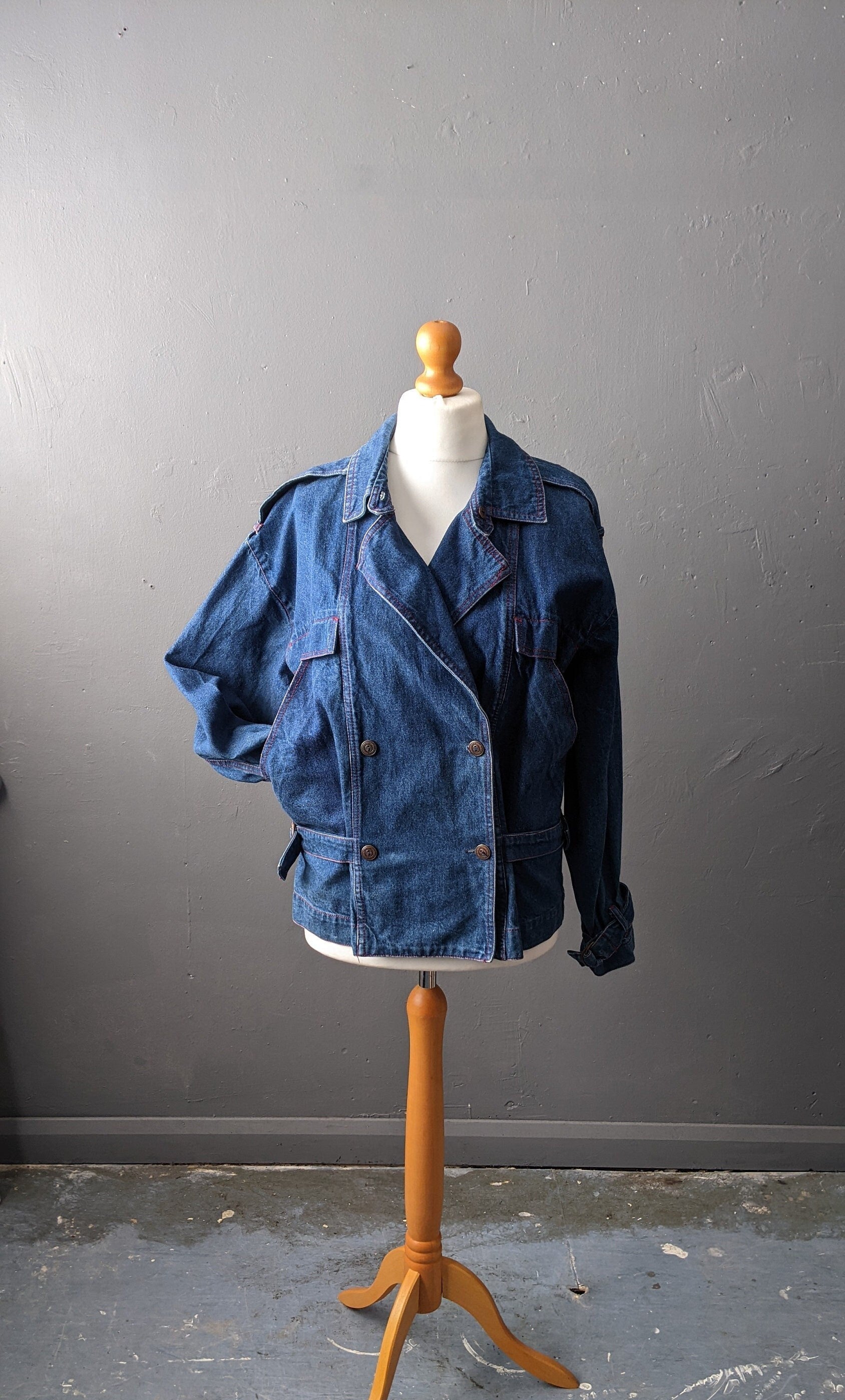 80s Stone Wash Denim Jacket by Claudia Strater, Oversized Coat, Size Medium Large