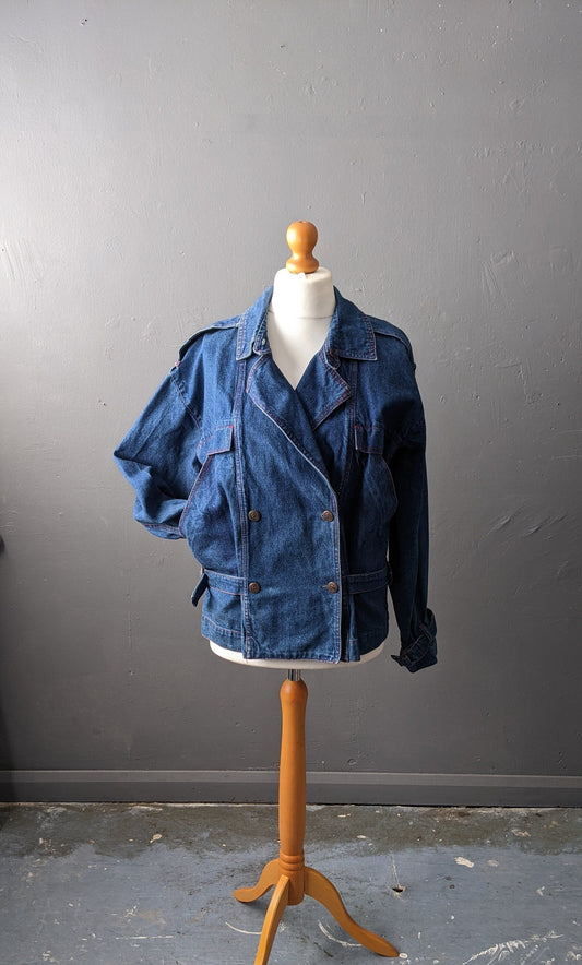 80s Stone Wash Denim Jacket by Claudia Strater, Oversized Coat, Size Medium Large