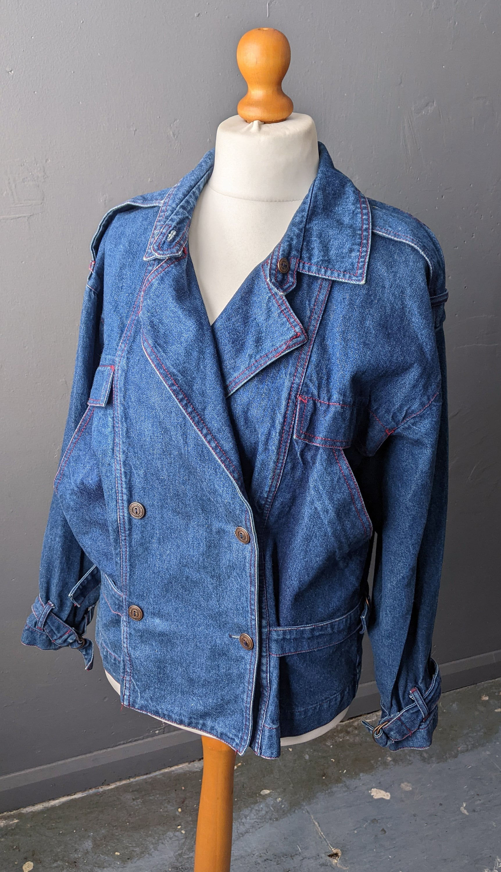 80s Stone Wash Denim Jacket by Claudia Strater, Oversized Coat, Size Medium Large