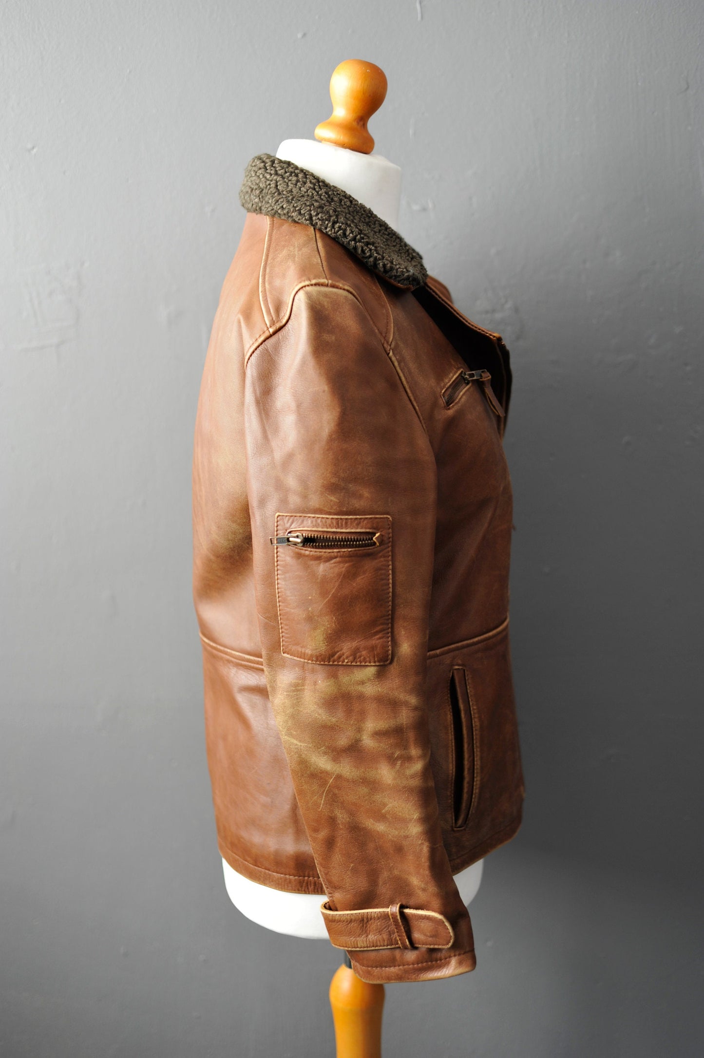 Vintage 90s Leather Flight Jacket by Alpha Industries, Nineties Distressed Aviator, Size Medium