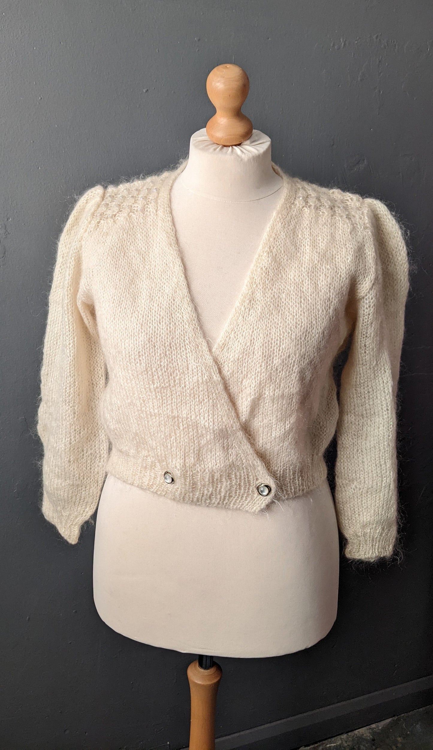 Vintage Cream Sparkly Cardigan, Lightweight Iridescent Knitwear, Size Large