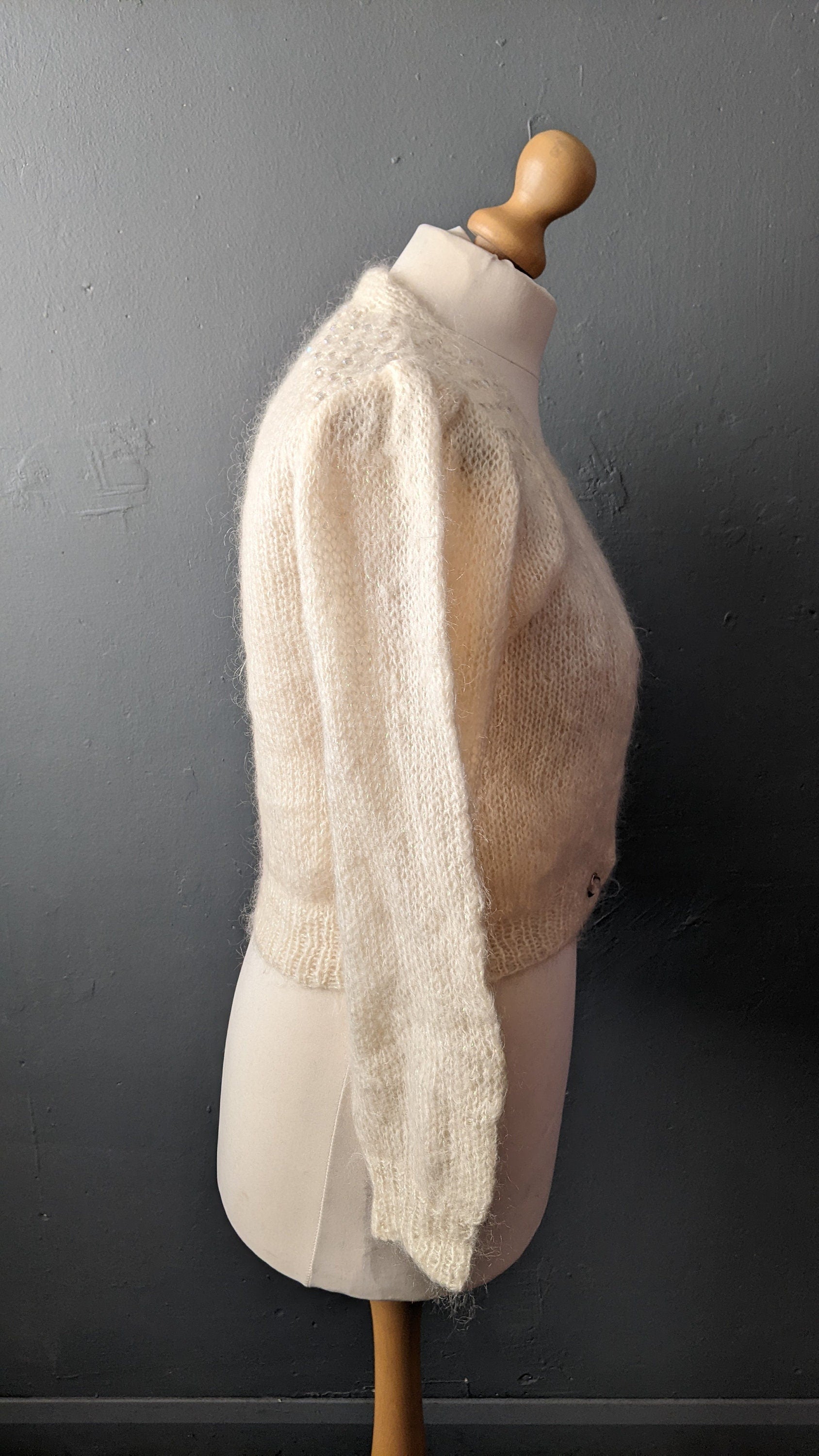 Vintage Cream Sparkly Cardigan, Lightweight Iridescent Knitwear, Size Large