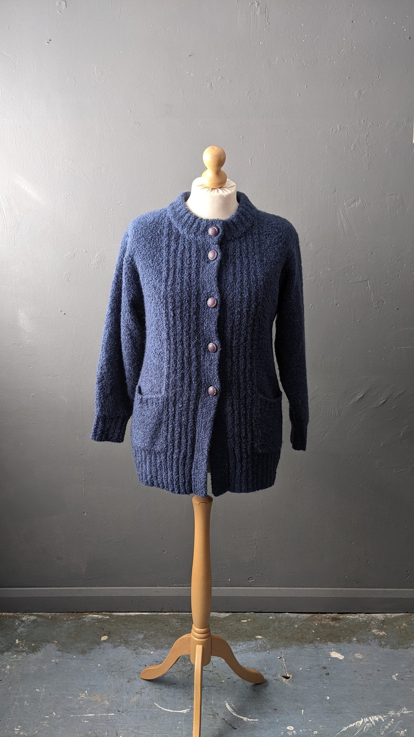 80s Boucle Cardigan, Thick Blue Coatigan, Size Medium