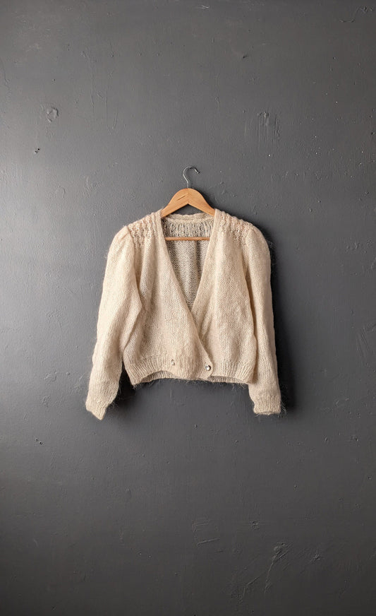 Vintage Cream Sparkly Cardigan, Lightweight Iridescent Knitwear, Size Large