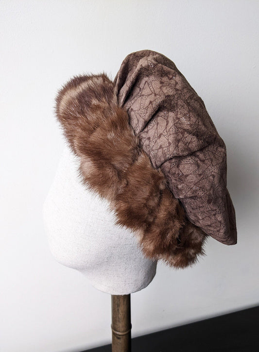 80s Fur Trimmed Cap, Medieval Style Beret, Renn Faire, Size Small