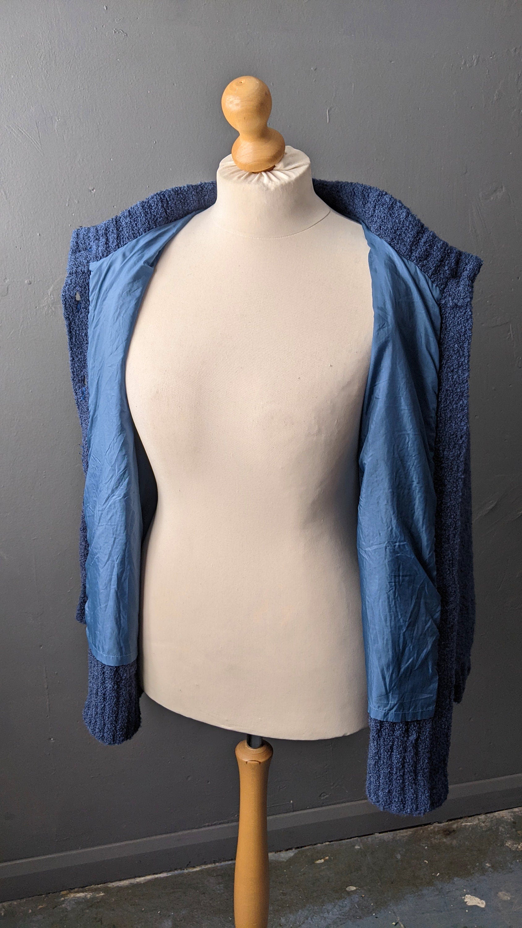 80s Boucle Cardigan, Thick Blue Coatigan, Size Medium
