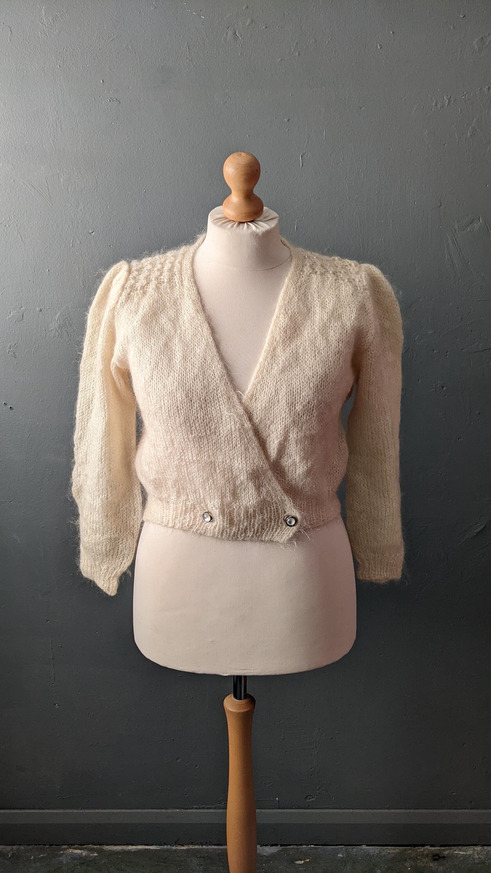 Vintage Cream Sparkly Cardigan, Lightweight Iridescent Knitwear, Size Large