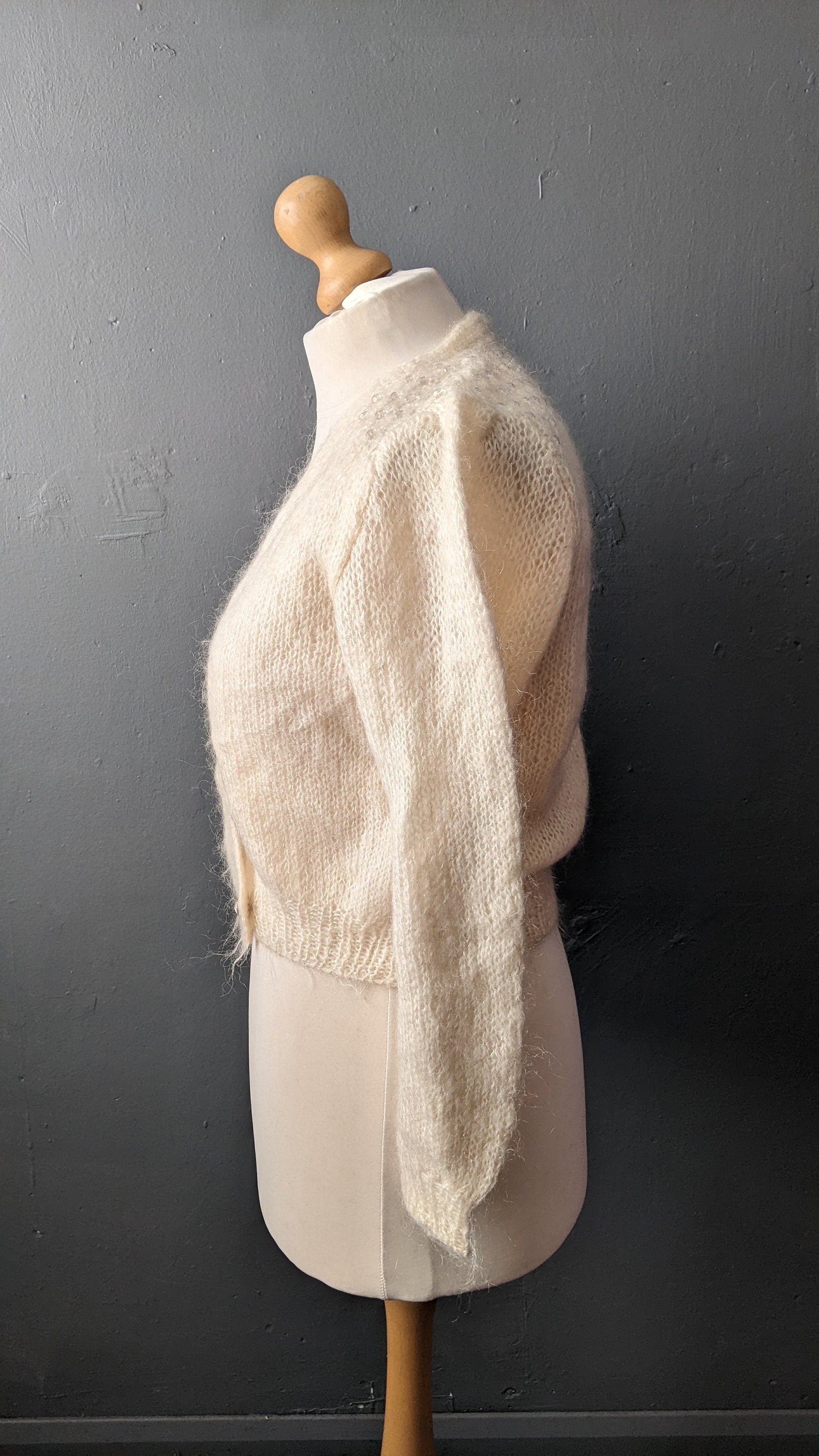 Vintage Cream Sparkly Cardigan, Lightweight Iridescent Knitwear, Size Large
