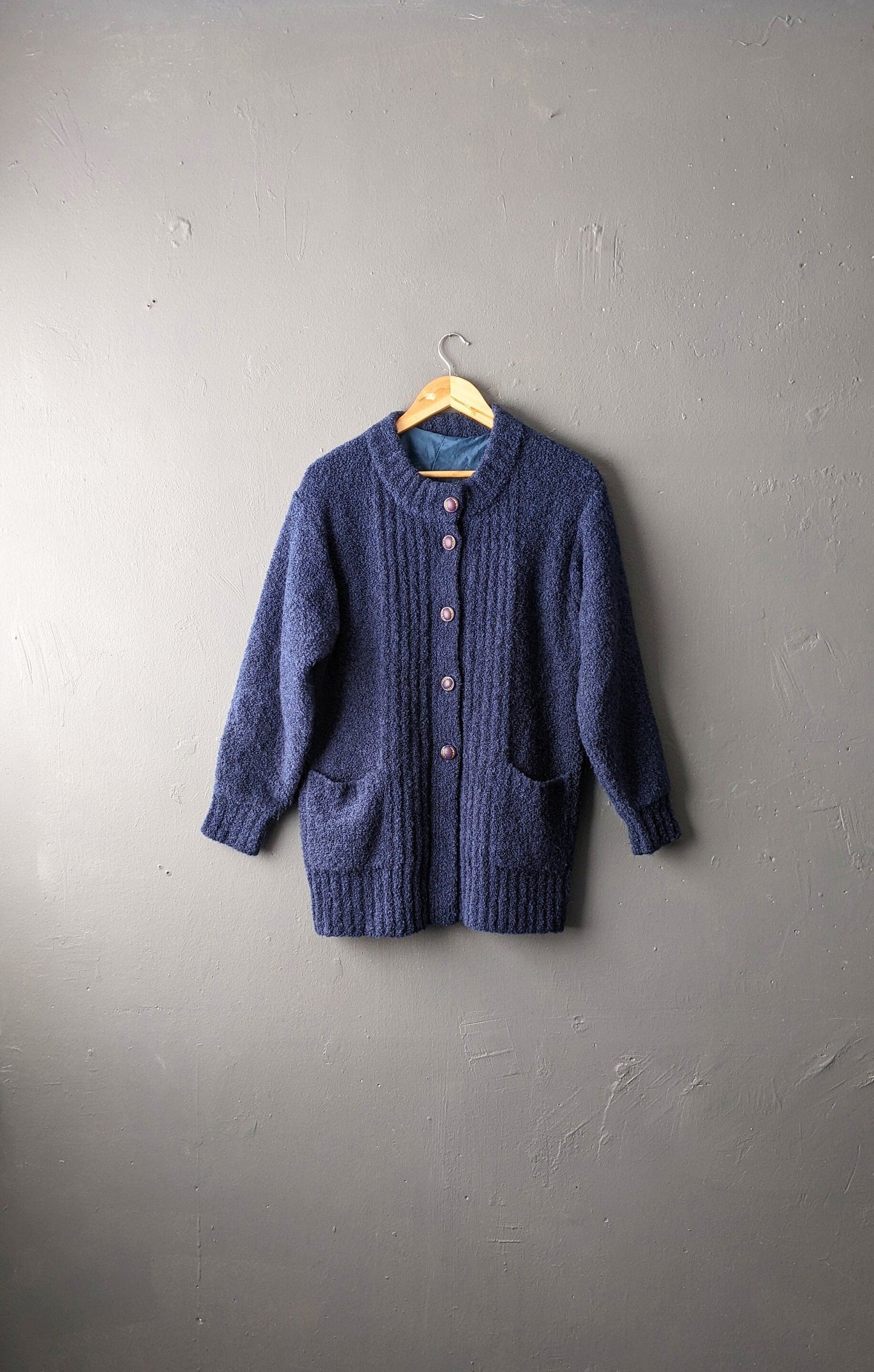 80s Boucle Cardigan, Thick Blue Coatigan, Size Medium