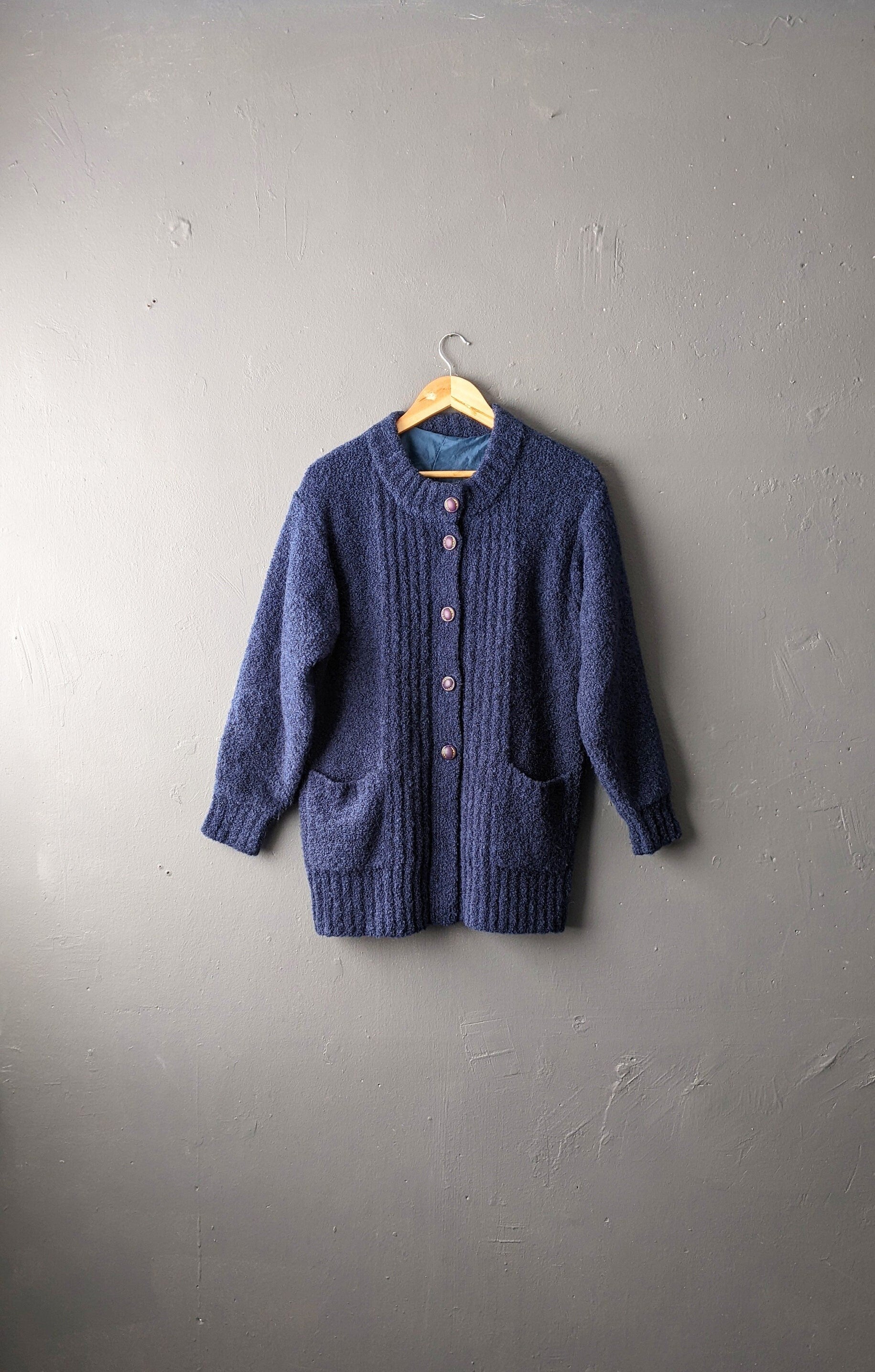 80s Boucle Cardigan, Thick Blue Coatigan, Size Medium