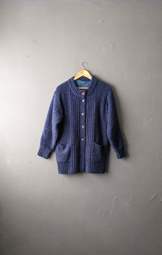 80s Boucle Cardigan, Thick Blue Coatigan, Size Medium