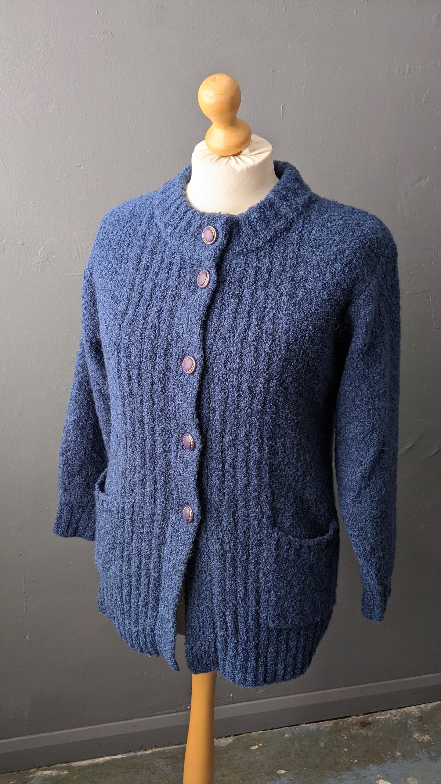 80s Boucle Cardigan, Thick Blue Coatigan, Size Medium