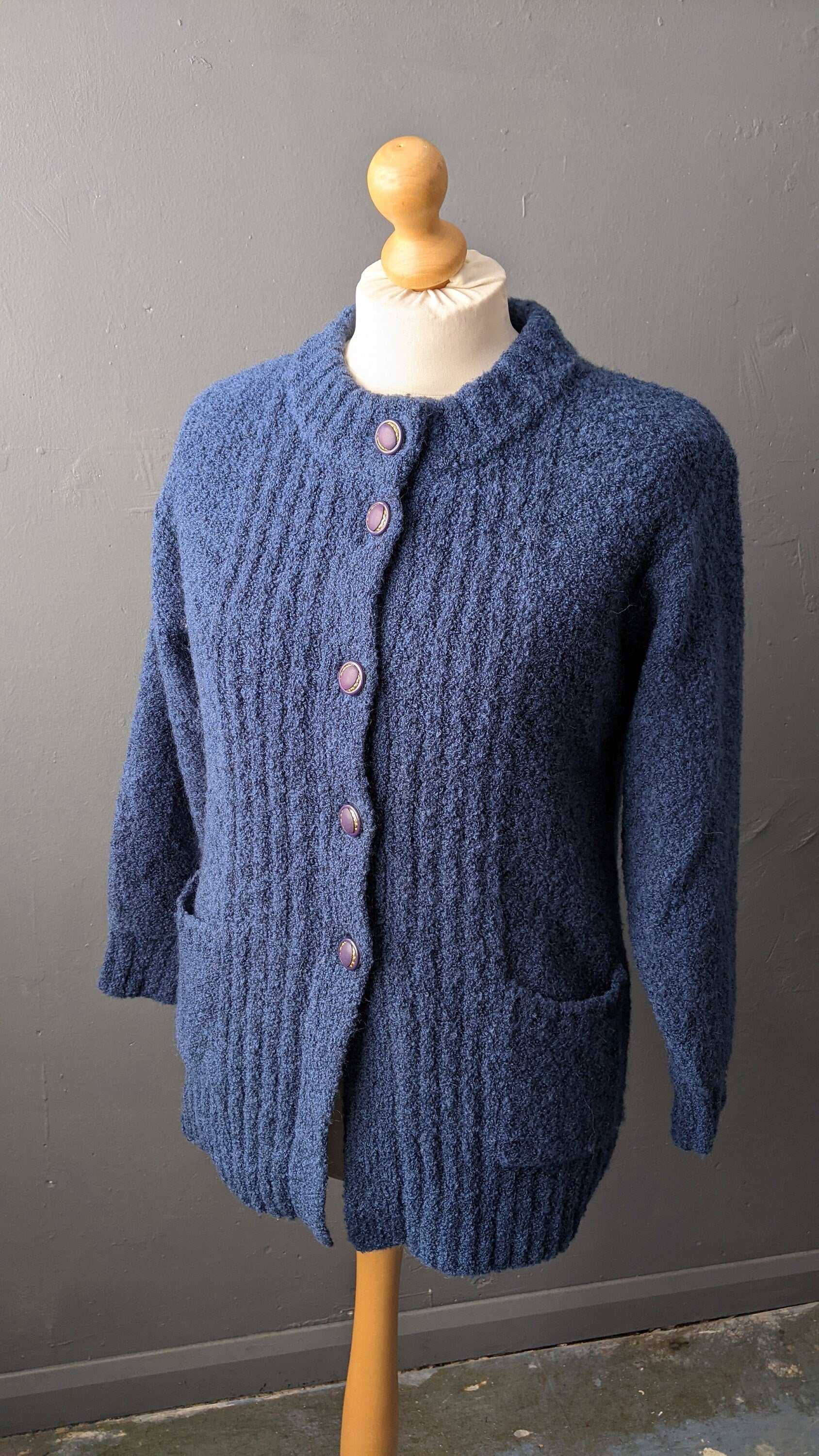 80s Boucle Cardigan, Thick Blue Coatigan, Size Medium