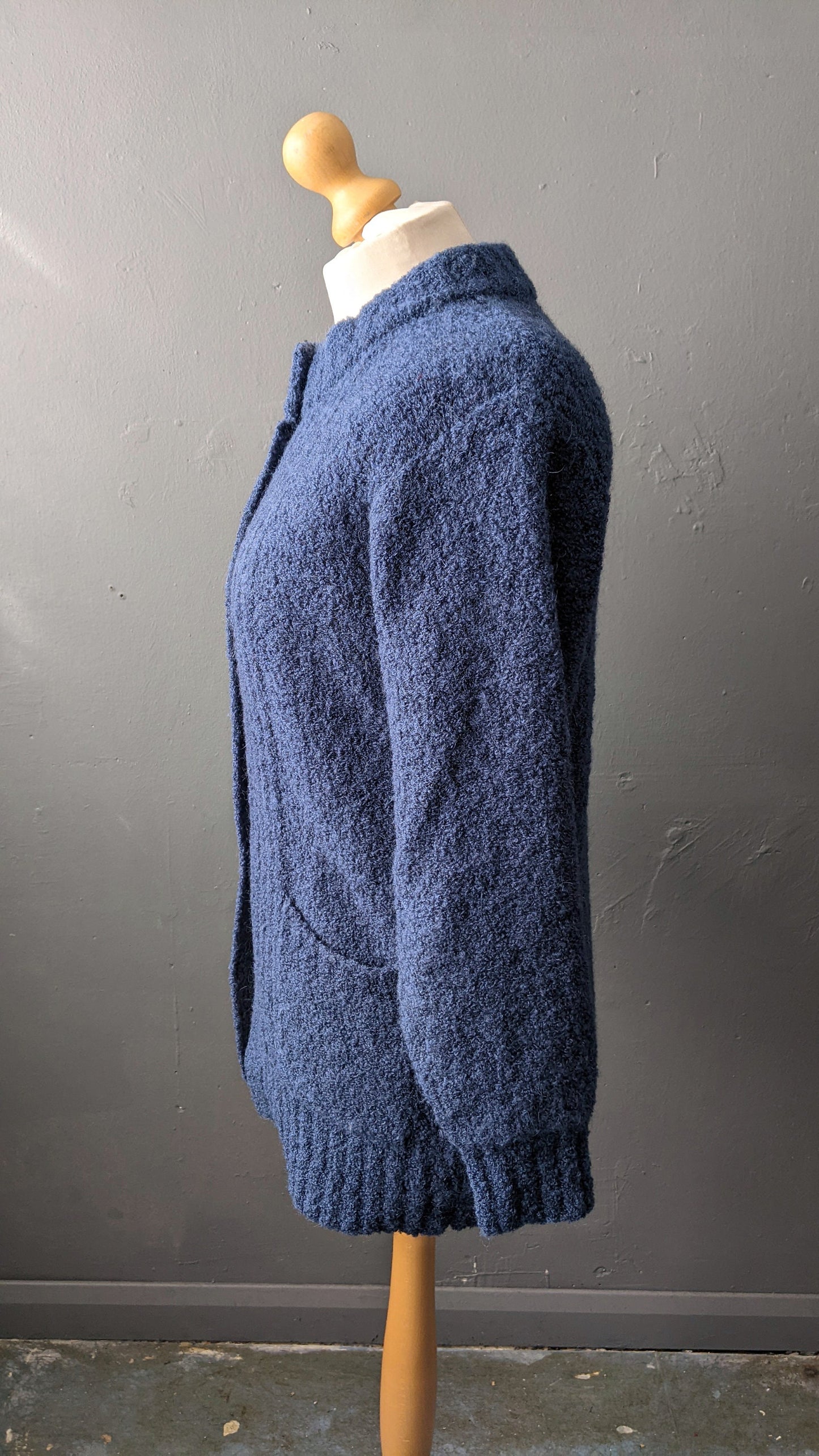 80s Boucle Cardigan, Thick Blue Coatigan, Size Medium