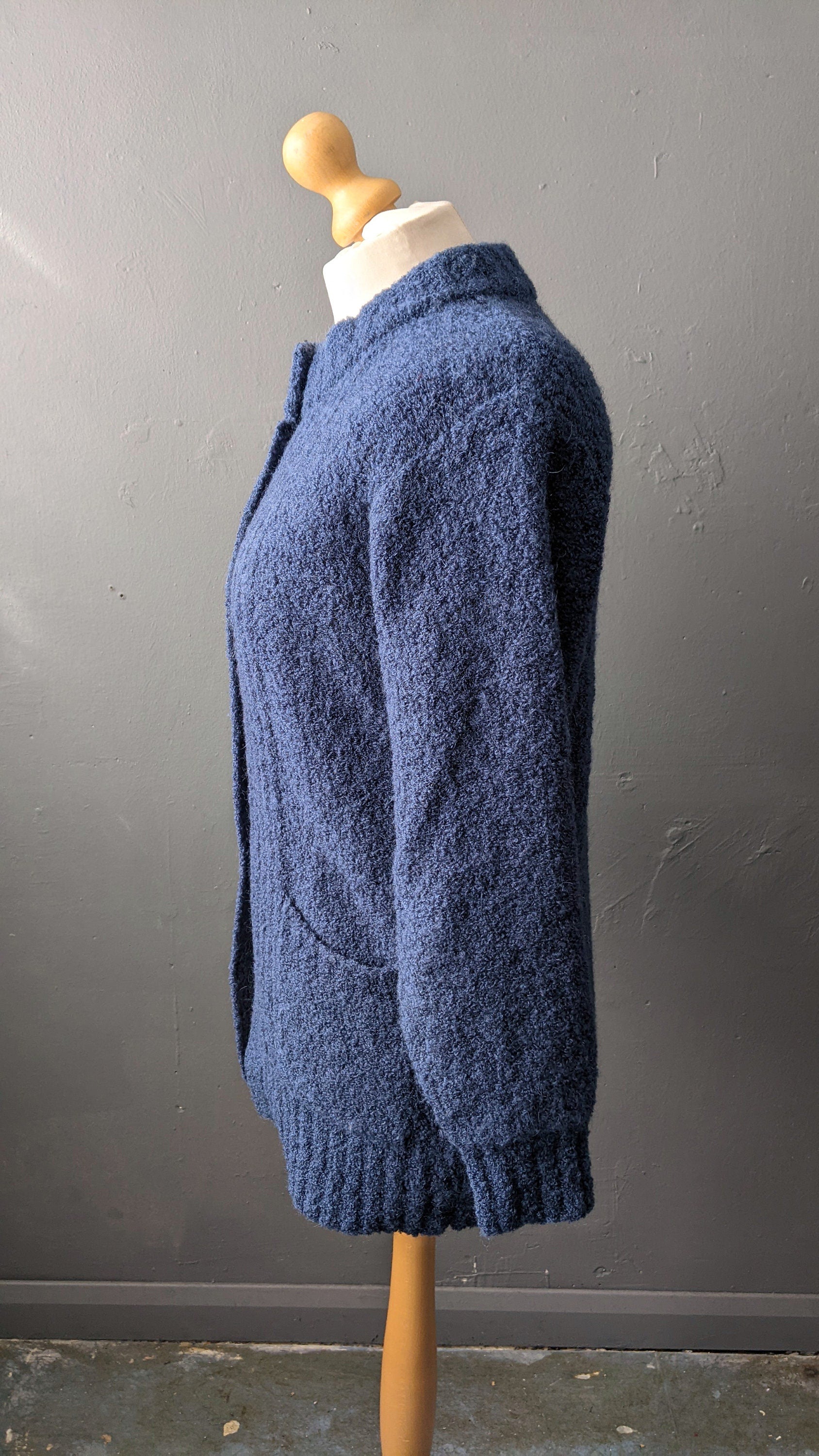80s Boucle Cardigan, Thick Blue Coatigan, Size Medium