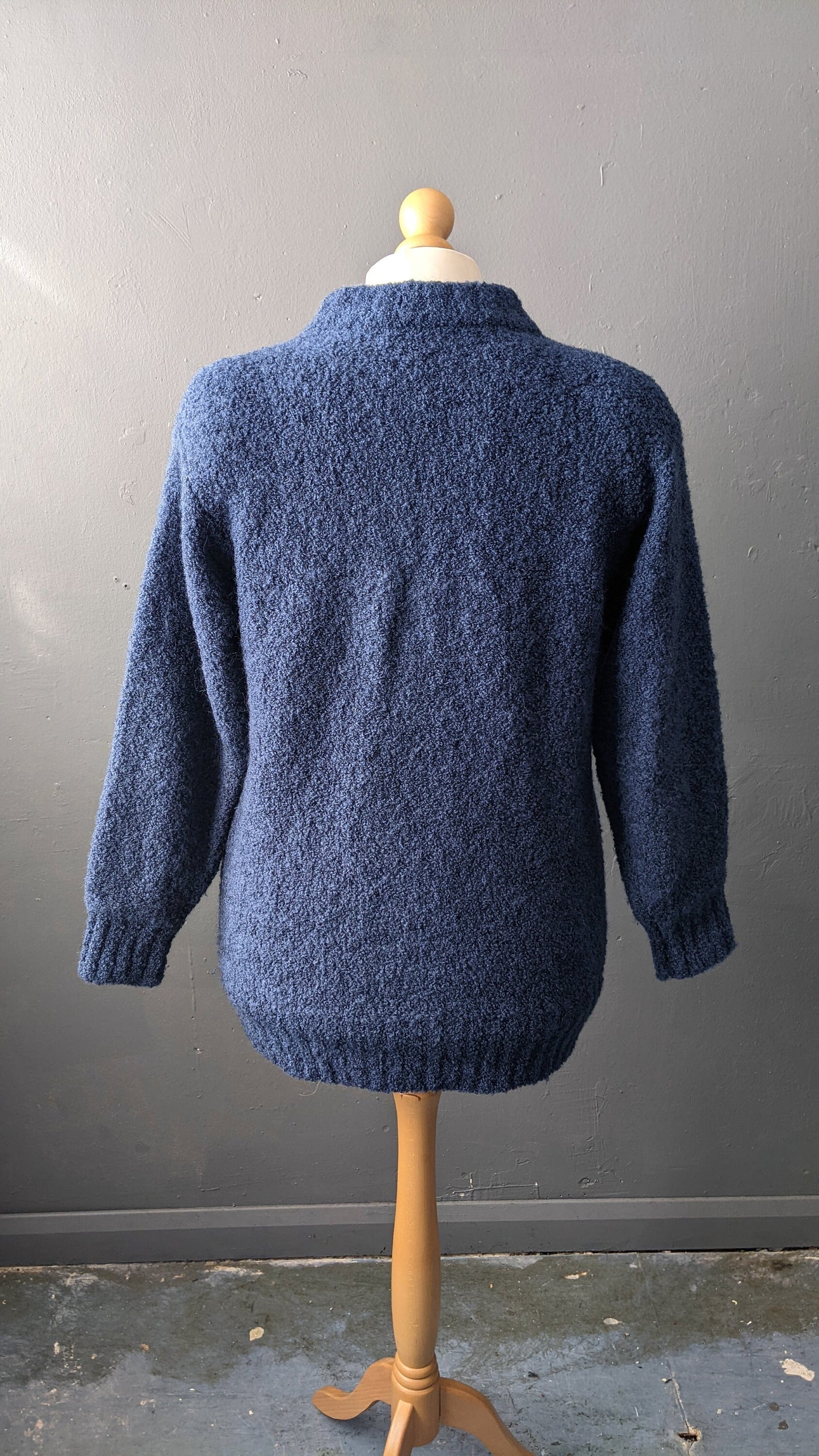 80s Boucle Cardigan, Thick Blue Coatigan, Size Medium