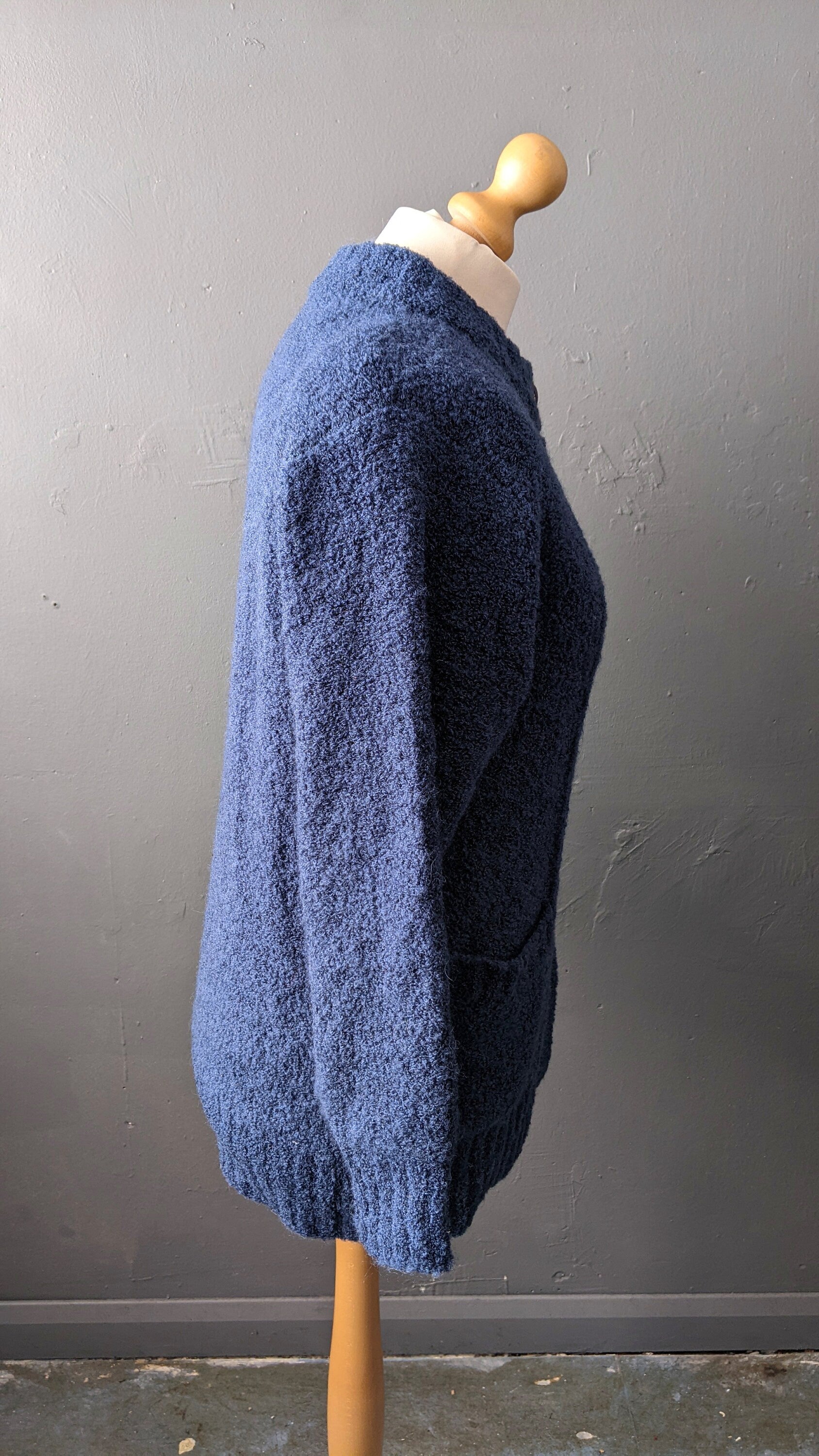 80s Boucle Cardigan, Thick Blue Coatigan, Size Medium