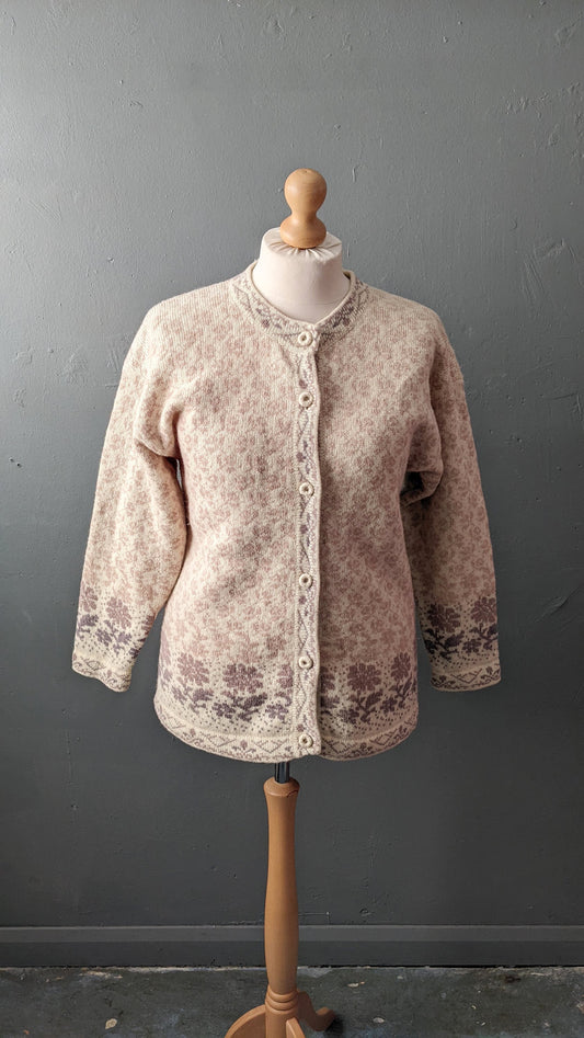 Vintage Wool Floral Cardigan, Cosy Cottagecore Knitwear, Size Medium Large