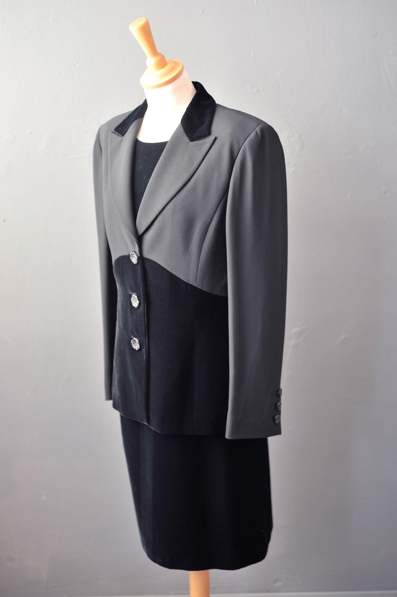 90s Two Piece Velvet Dress Suit by Paola Antonini, Italian Vintage, Size Medium