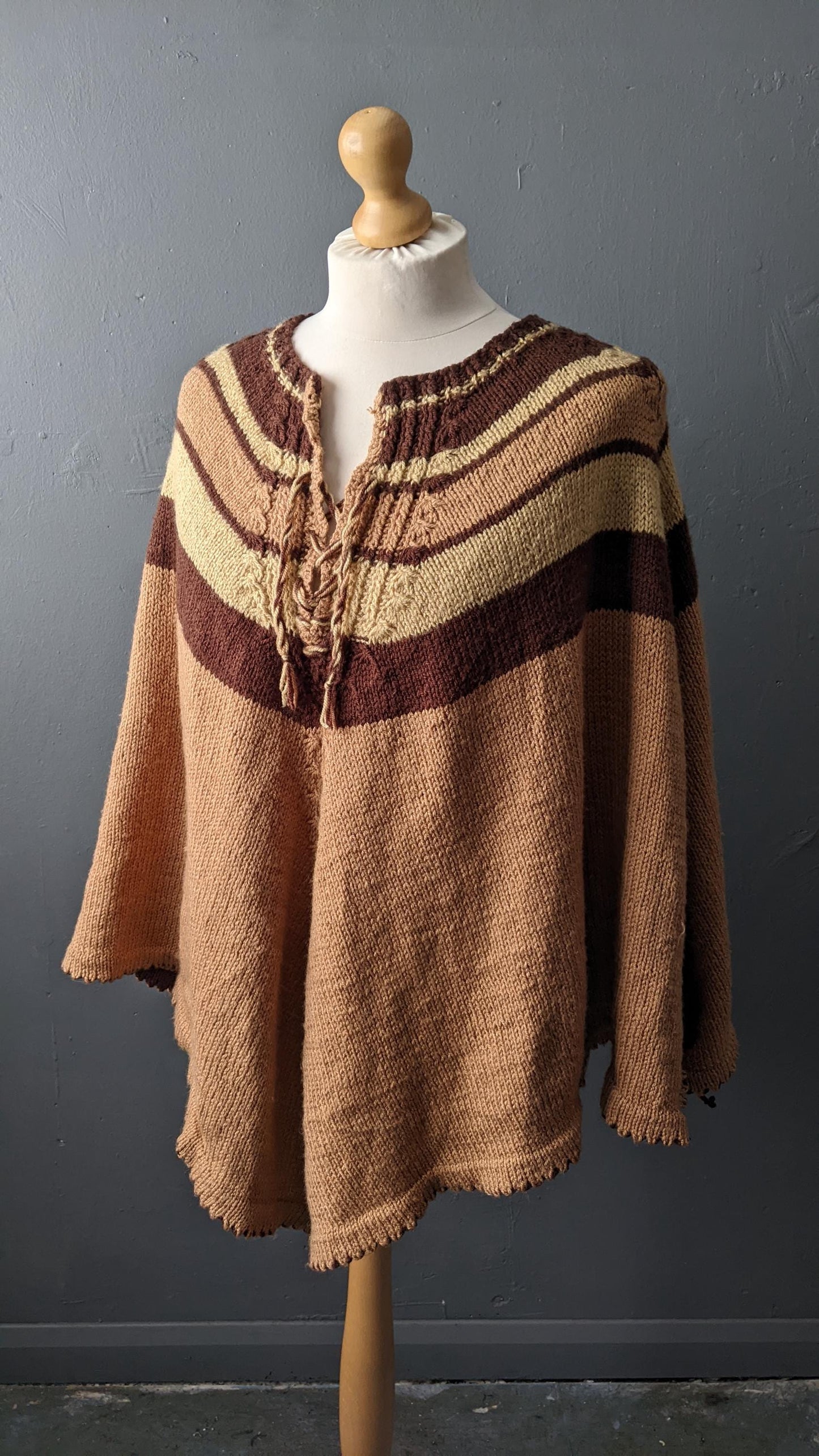 Vintage 70s Stripe Knitted Poncho, One Size