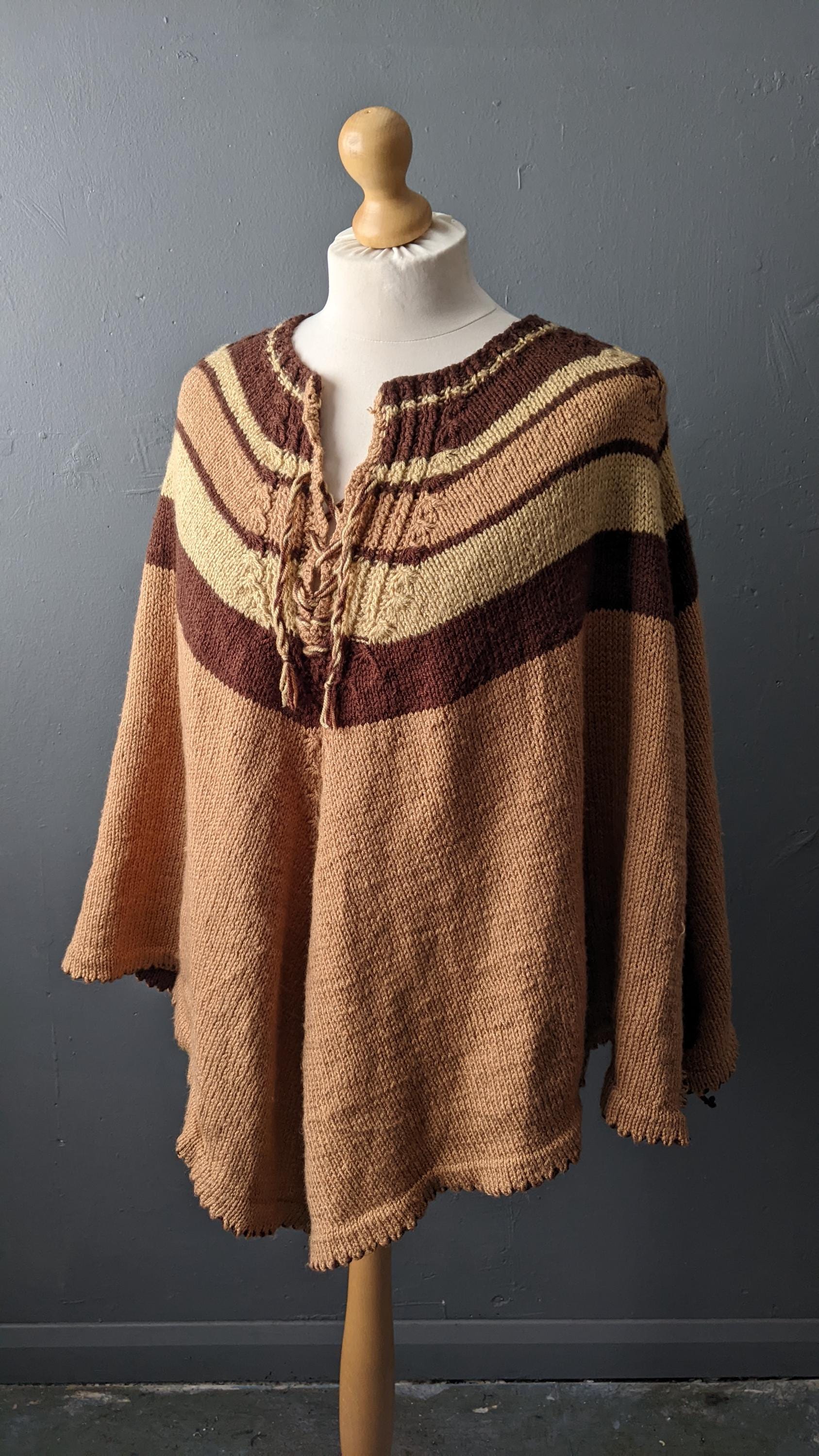 Vintage 70s Stripe Knitted Poncho, One Size