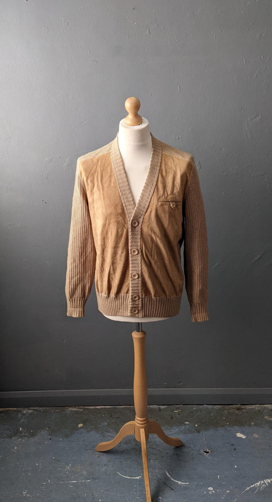 80s Mens Suede Cardigan Jacket, Size Large 44 46 Chest