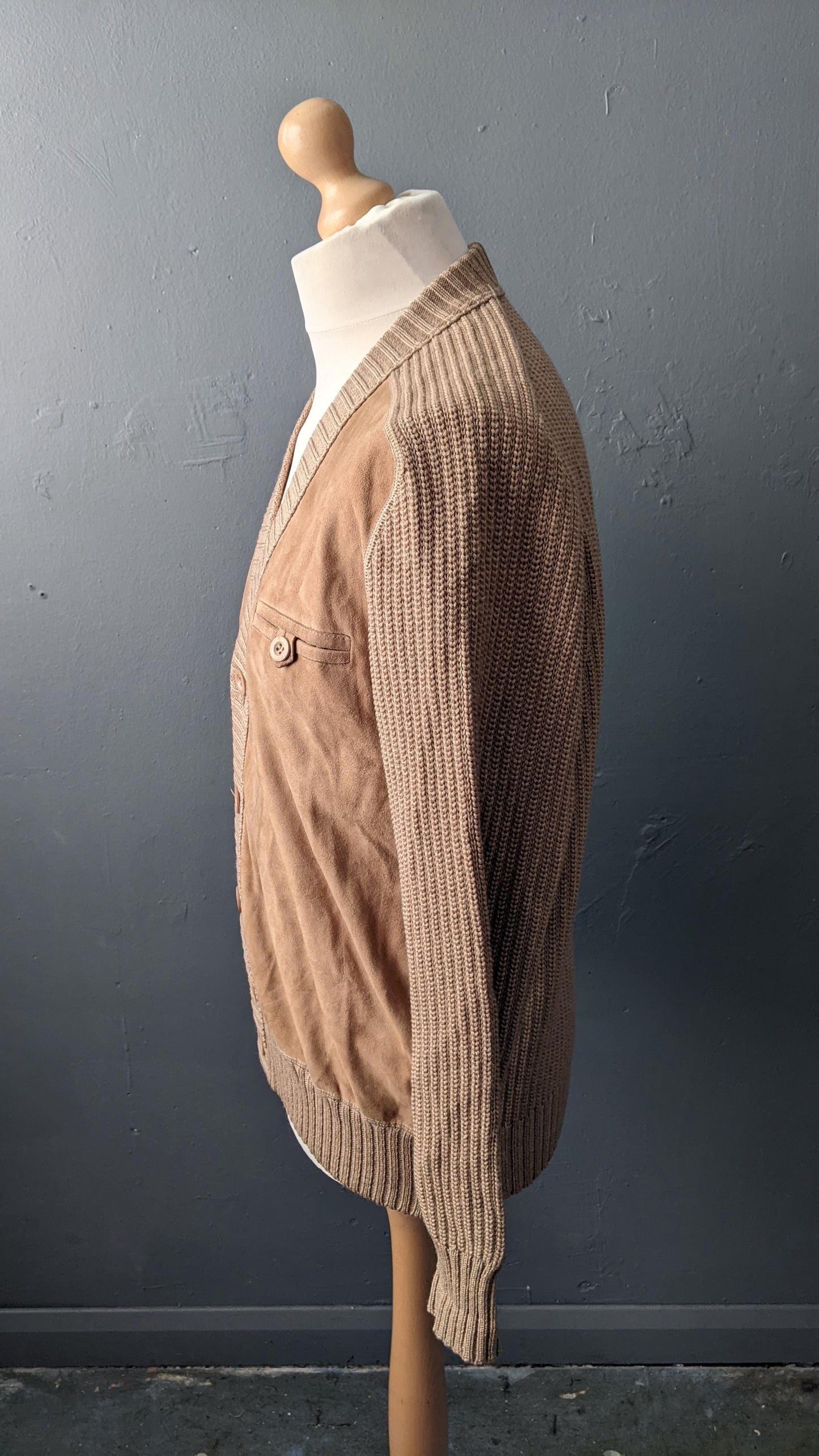80s Mens Suede Cardigan Jacket, Size Large 44 46 Chest