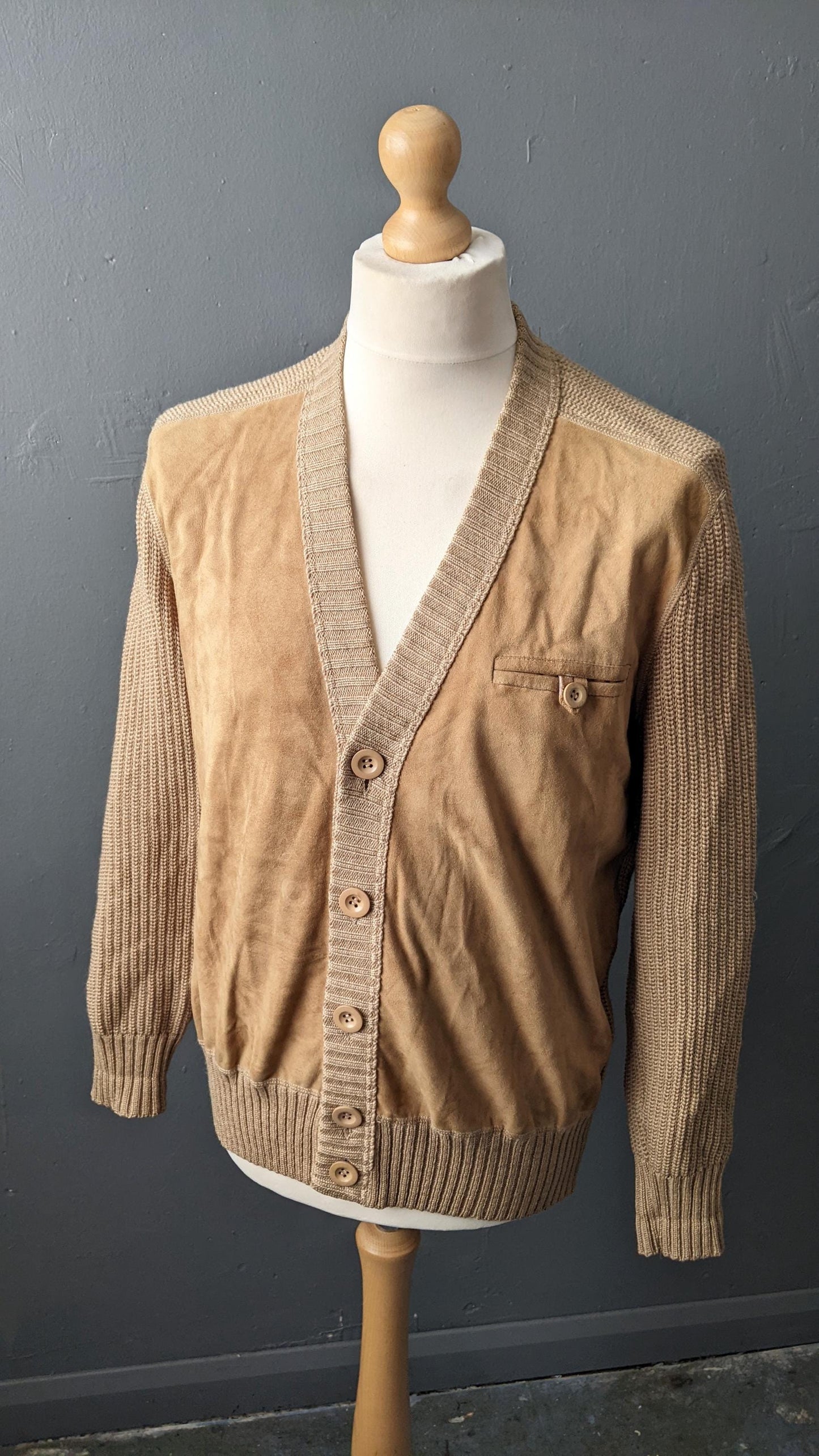 80s Mens Suede Cardigan Jacket, Size Large 44 46 Chest
