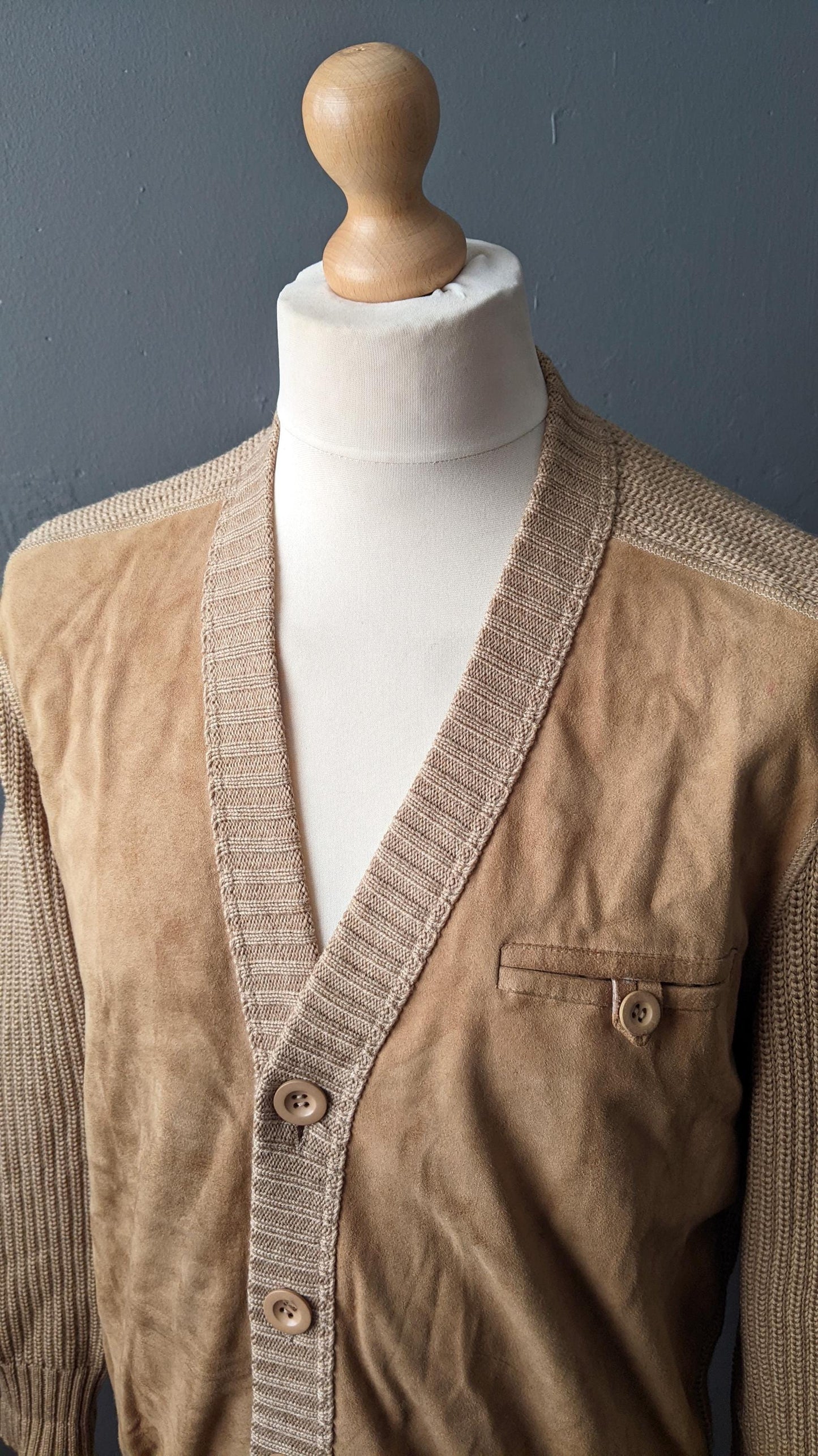80s Mens Suede Cardigan Jacket, Size Large 44 46 Chest