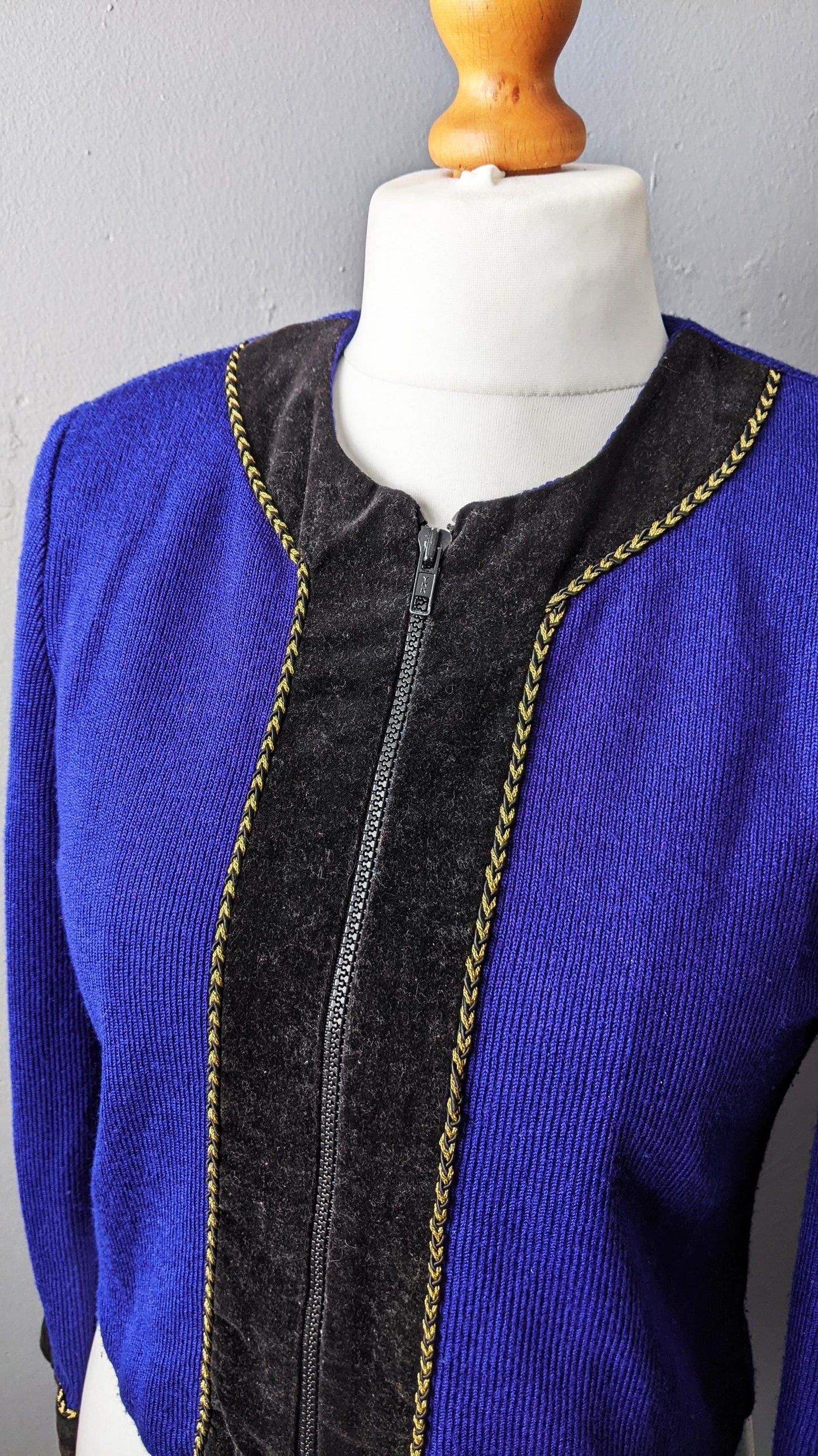 80s Cardigan Jacket by Jessica Howard Petite, Velvet Trim Smart Knitwear, Size Small Medium