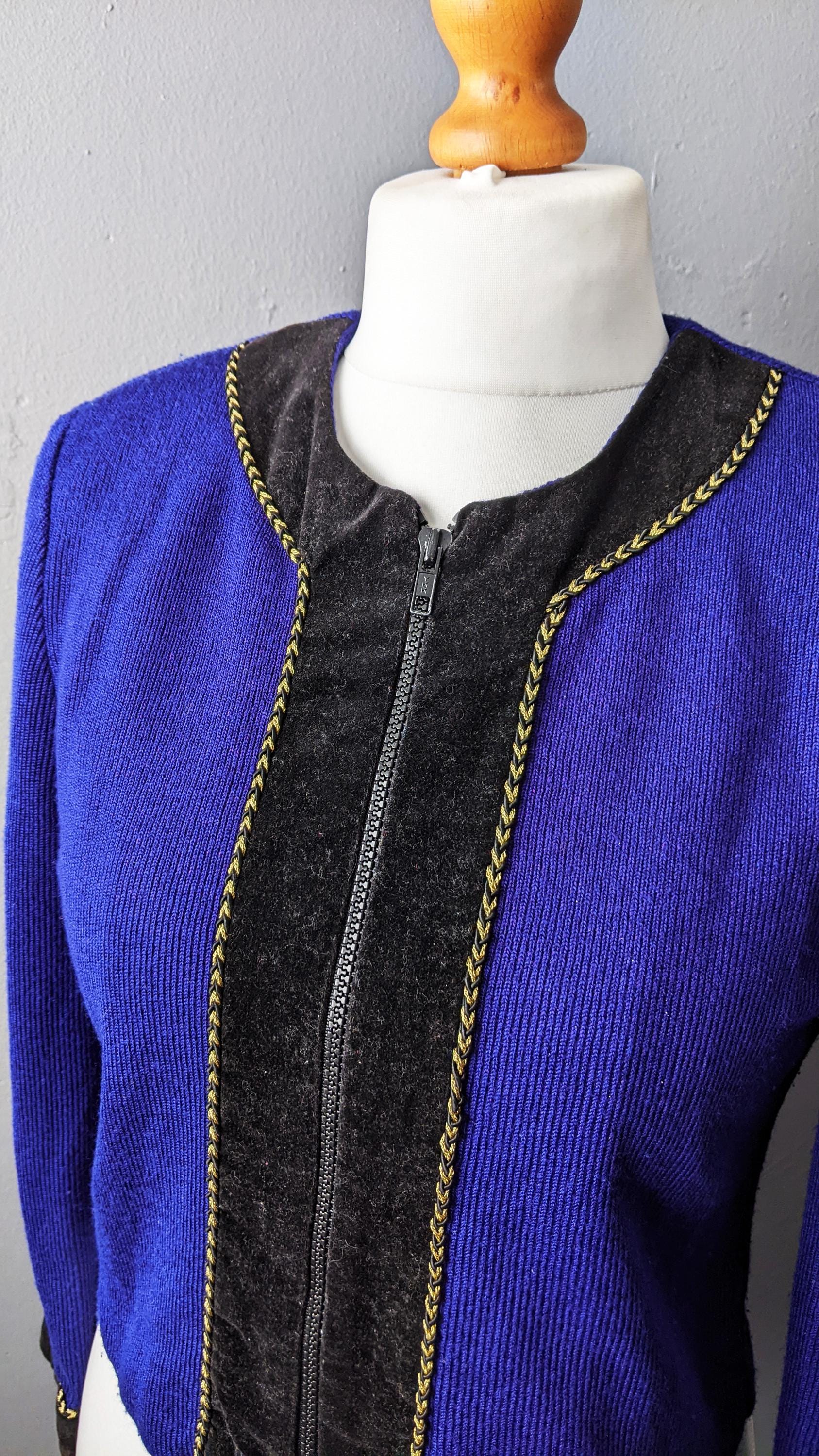80s Cardigan Jacket by Jessica Howard Petite, Velvet Trim Smart Knitwear, Size Small Medium