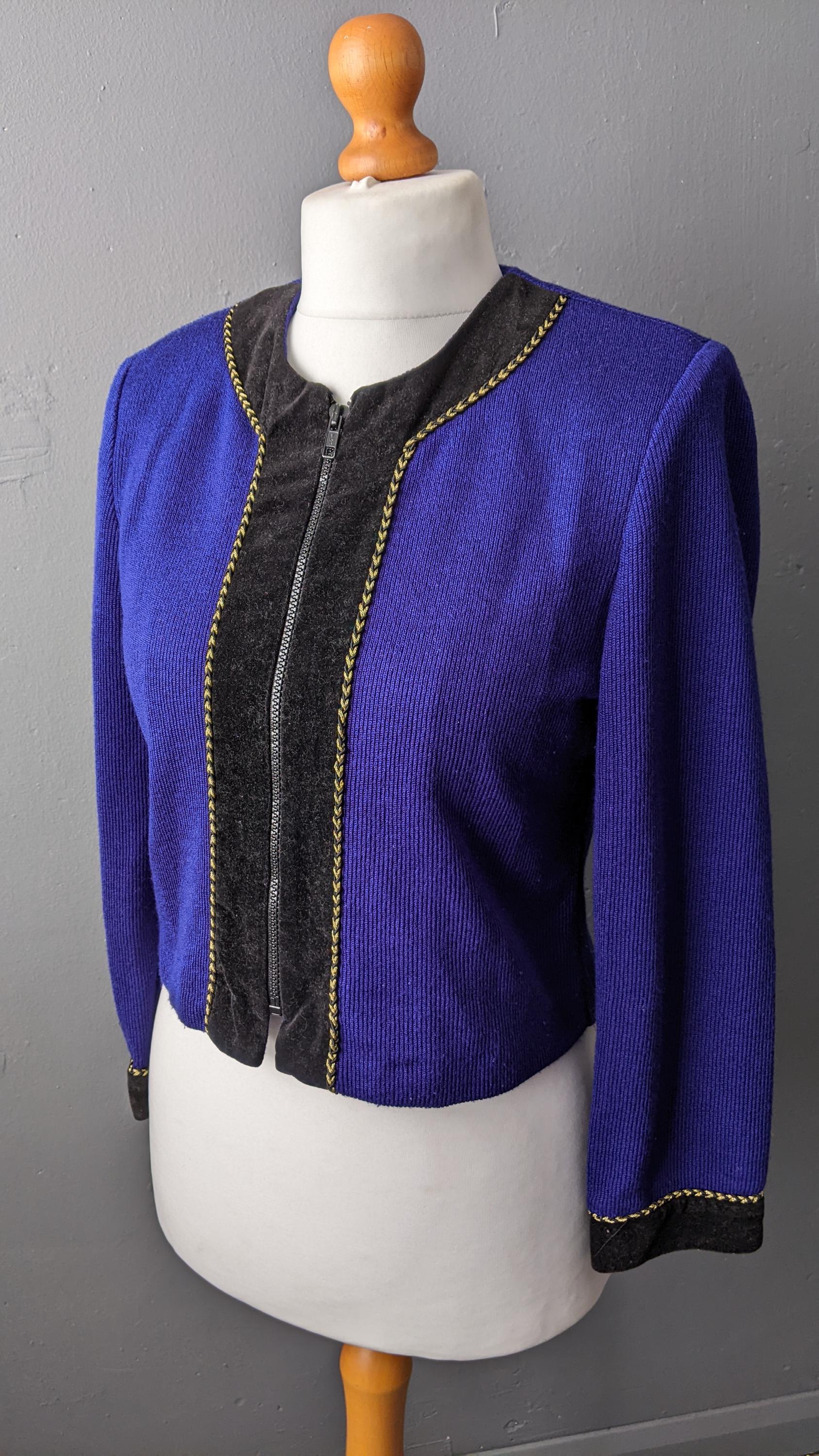 80s Cardigan Jacket by Jessica Howard Petite, Velvet Trim Smart Knitwear, Size Small Medium