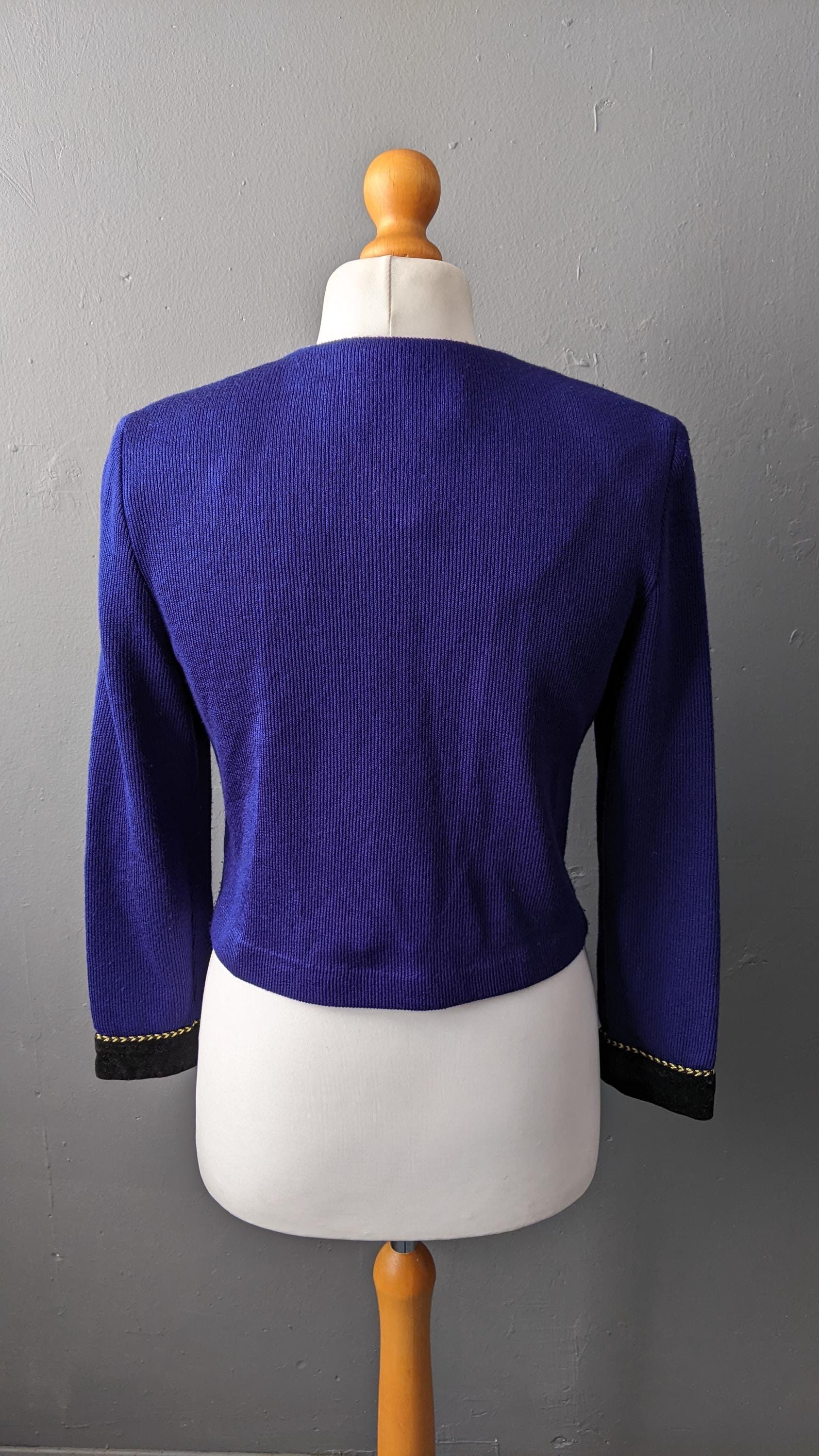 80s Cardigan Jacket by Jessica Howard Petite, Velvet Trim Smart Knitwear, Size Small Medium