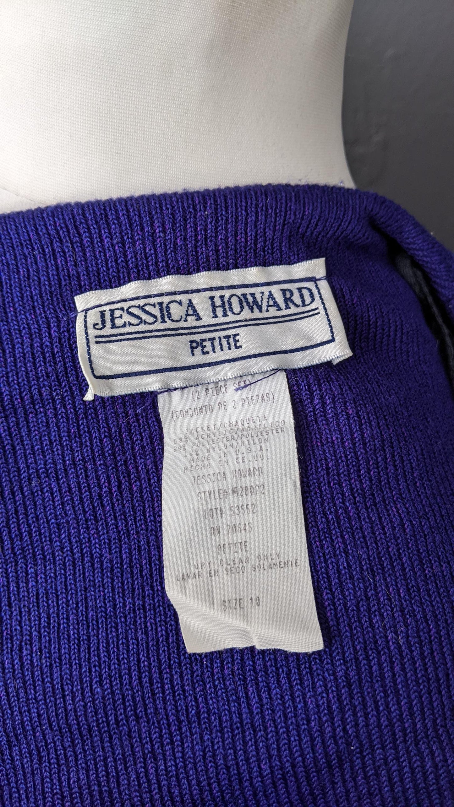 80s Cardigan Jacket by Jessica Howard Petite, Velvet Trim Smart Knitwear, Size Small Medium