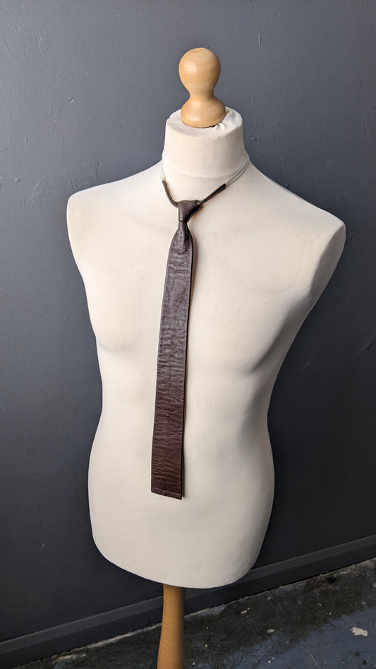 Vintage Brown Leather Tie, Mid Century Elasticated Necktie