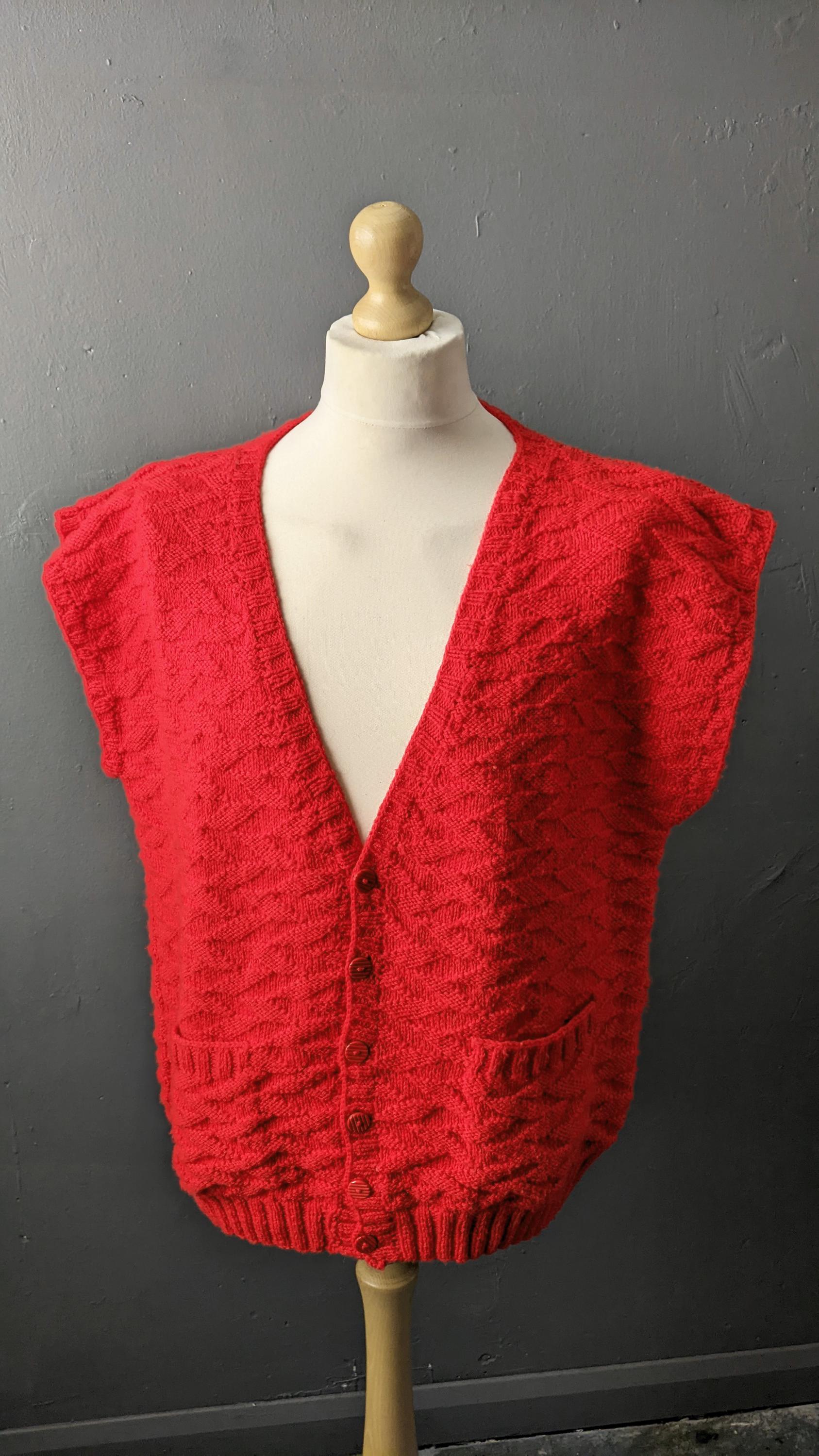 Mens 70s Knit Tank Top, V Neck Cardigan Vest, Size XL 48 Chest