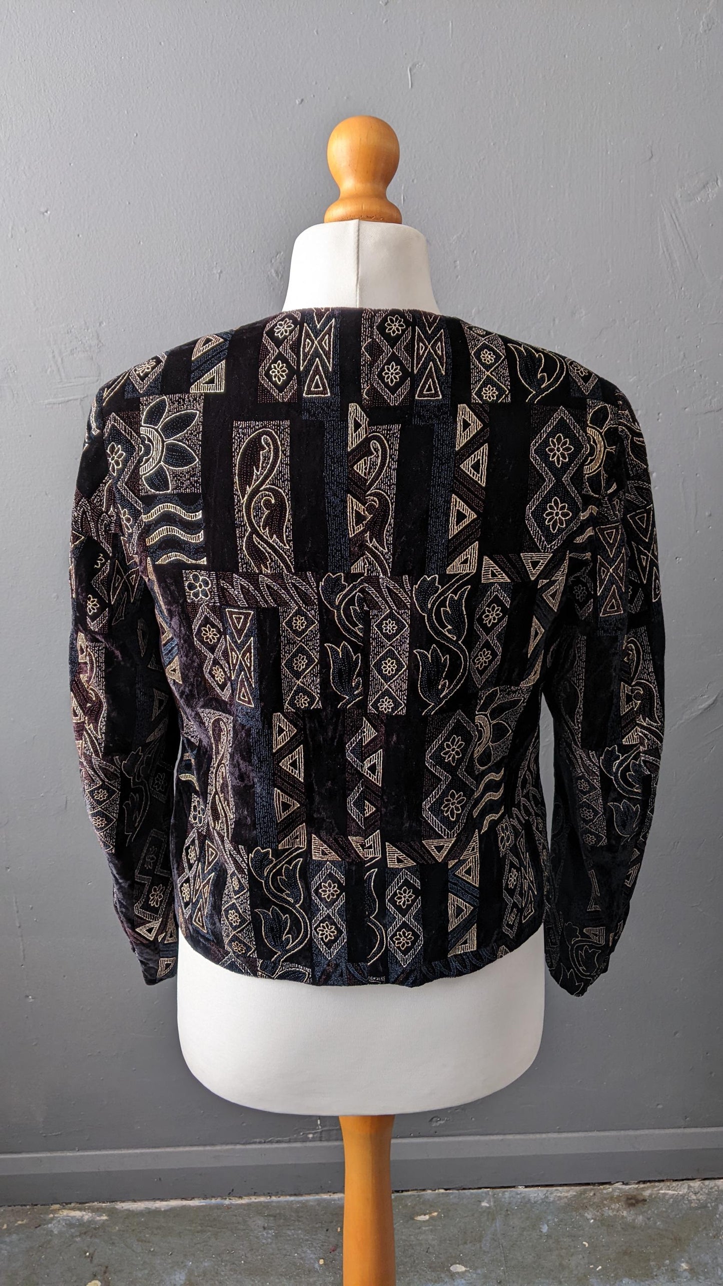 80s Velvet Jacket with Geometric Print, Retro Eveningwear, Size Small