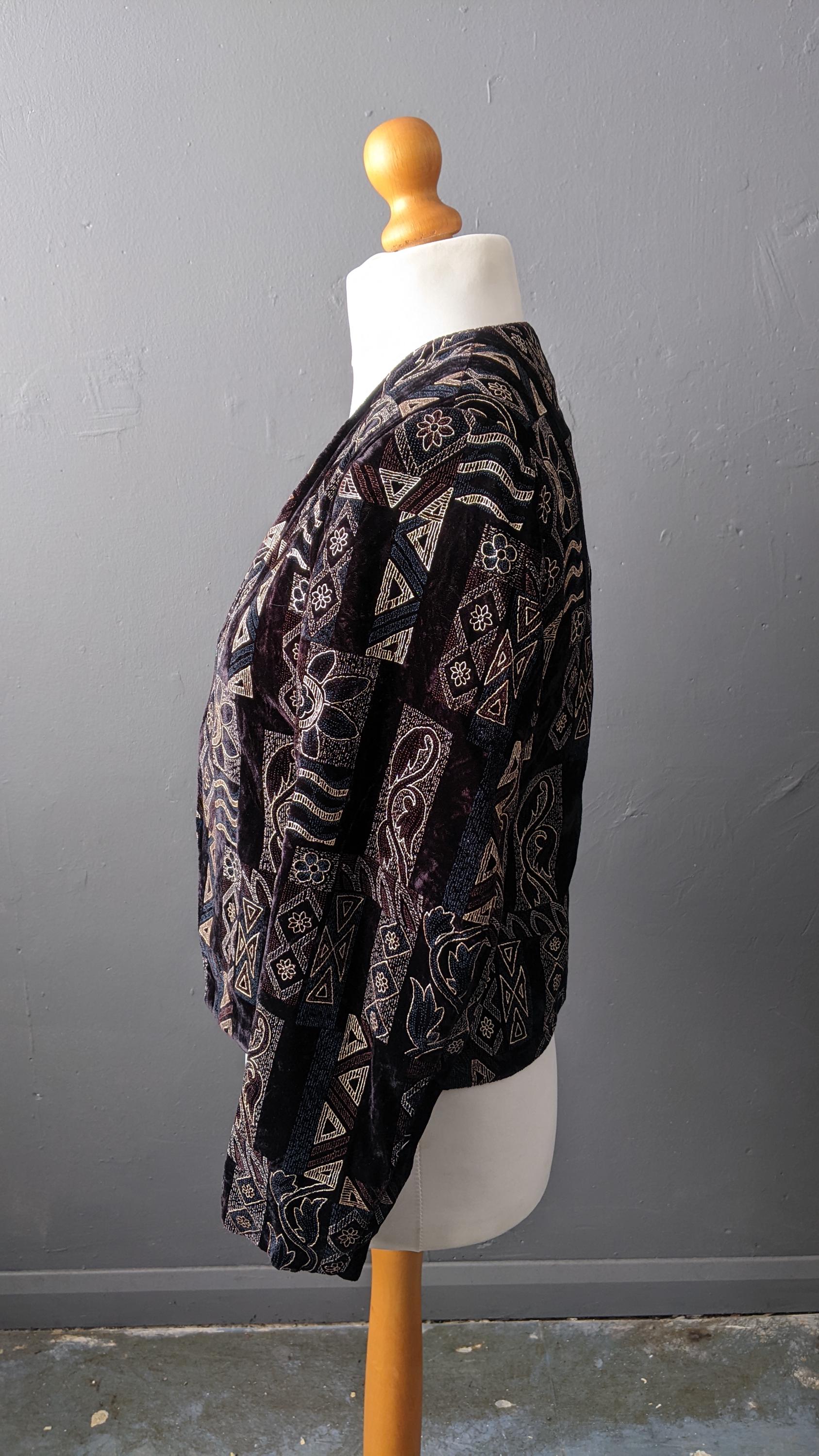 80s Velvet Jacket with Geometric Print, Retro Eveningwear, Size Small