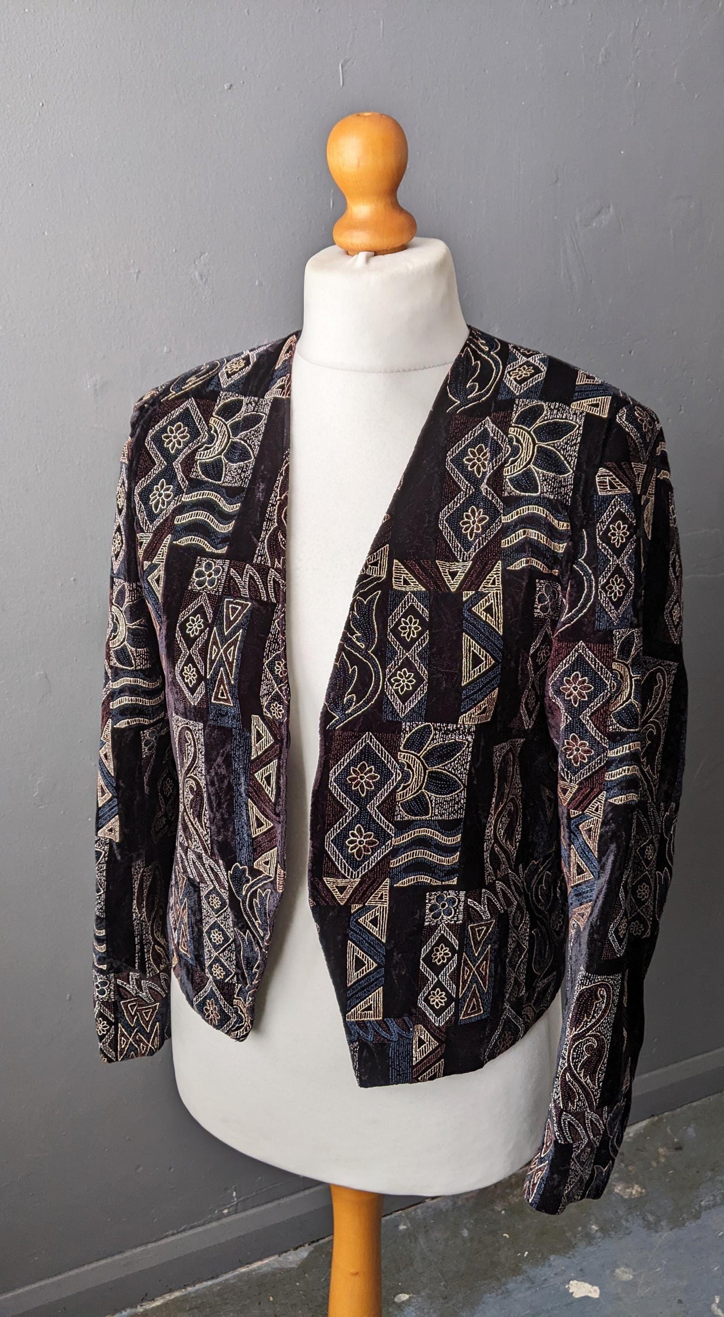80s Velvet Jacket with Geometric Print, Retro Eveningwear, Size Small