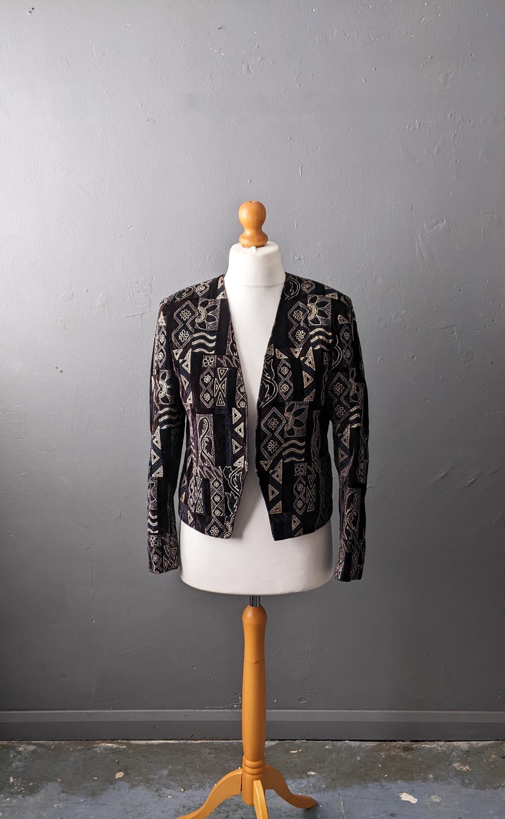 80s Velvet Jacket with Geometric Print, Retro Eveningwear, Size Small
