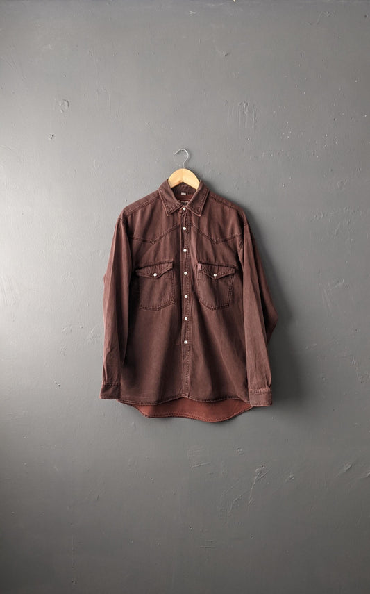 90s Mens Burgundy Denim Shirt, Overdyed Cotton Loose Fit, Size Medium Large 42 Chest