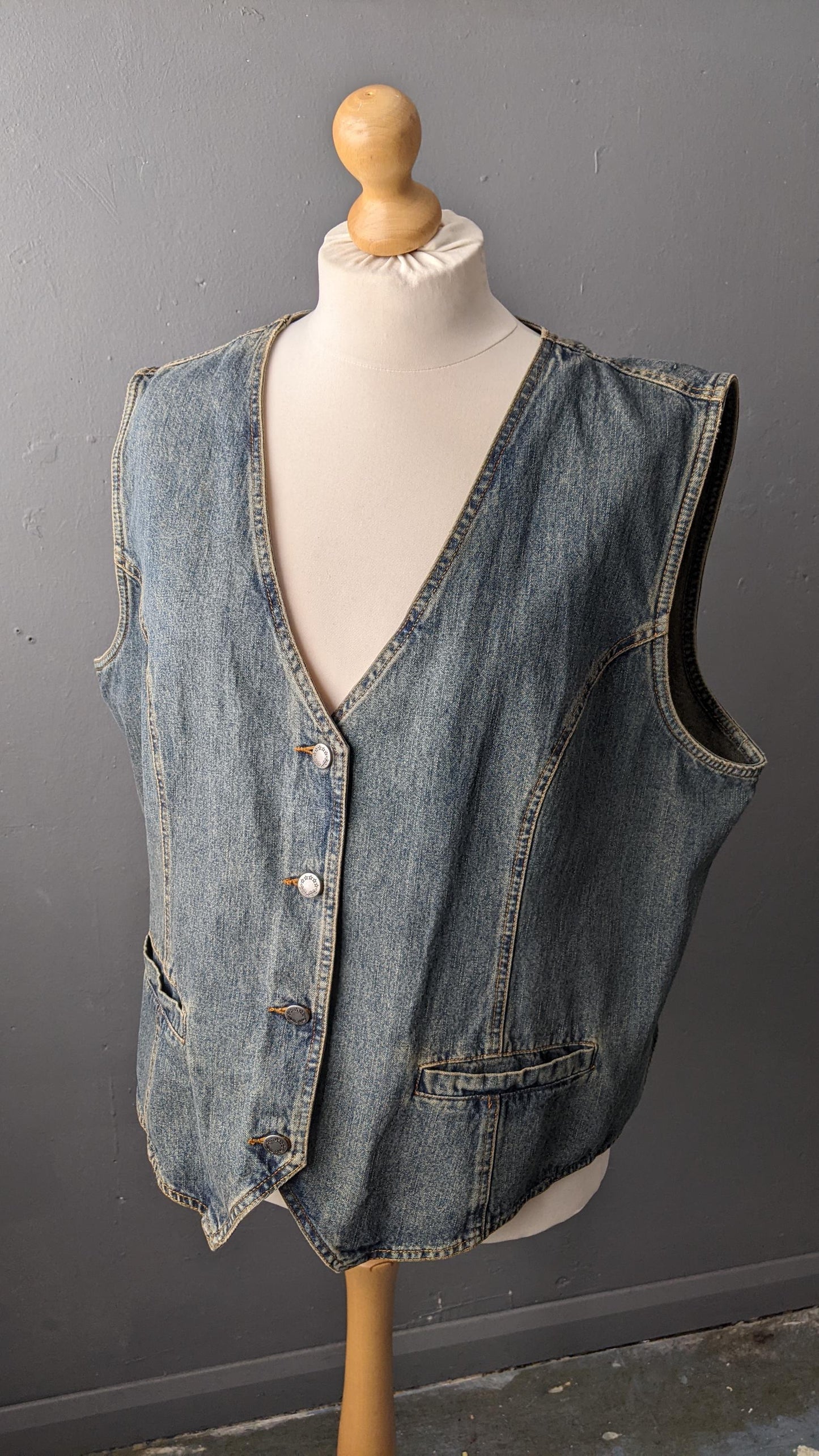 Plus Size Denim Vest, Vintage 90s Gilet, Sleeveless Jean Jacket, UK 24