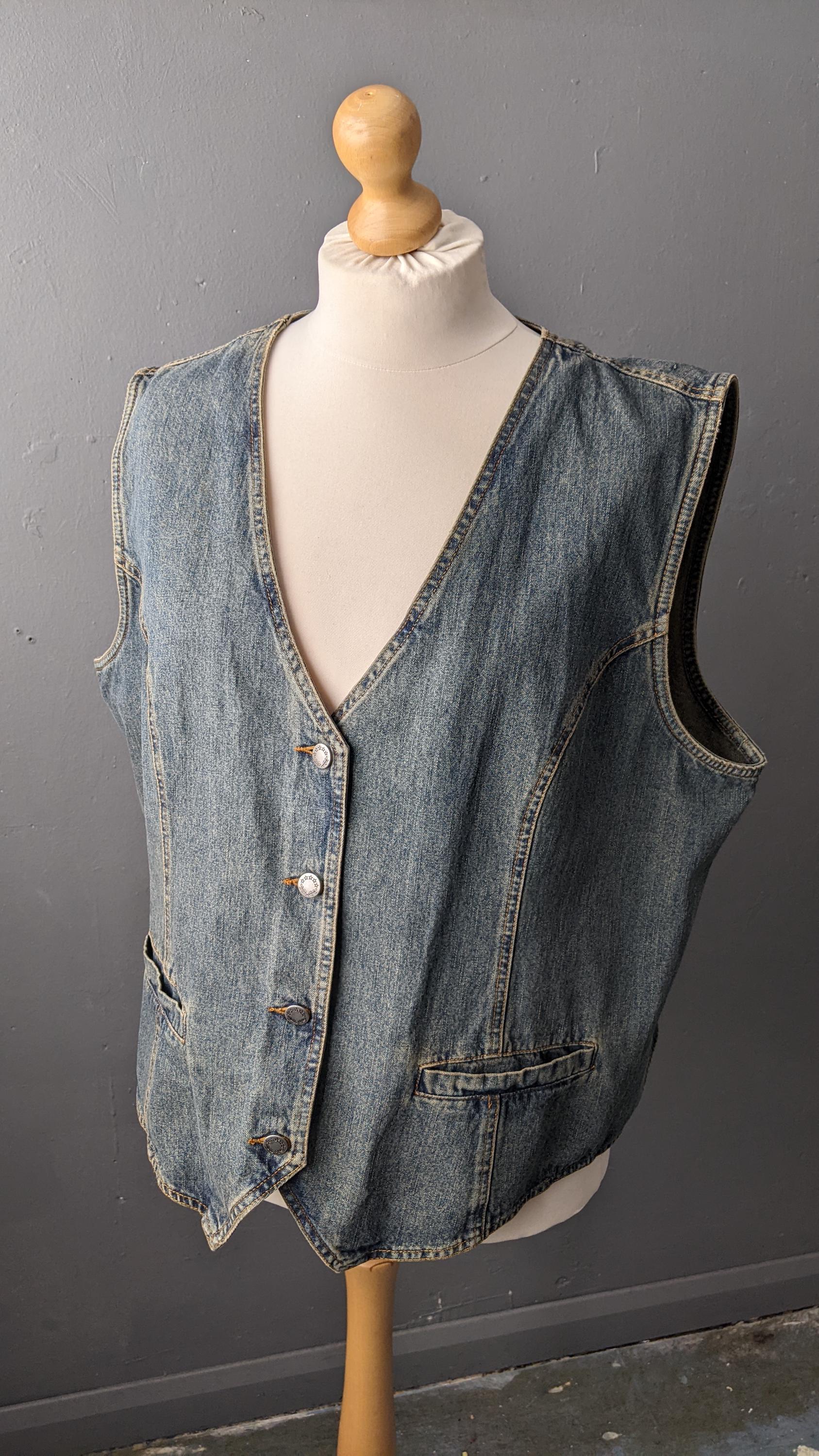 Plus Size Denim Vest, Vintage 90s Gilet, Sleeveless Jean Jacket, UK 24