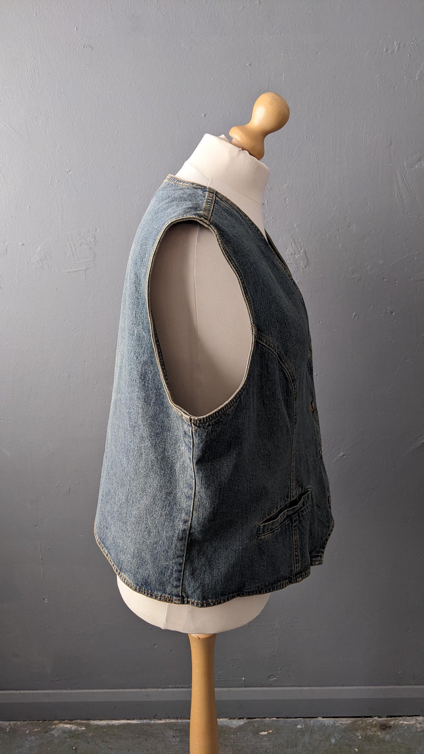 Plus Size Denim Vest, Vintage 90s Gilet, Sleeveless Jean Jacket, UK 24