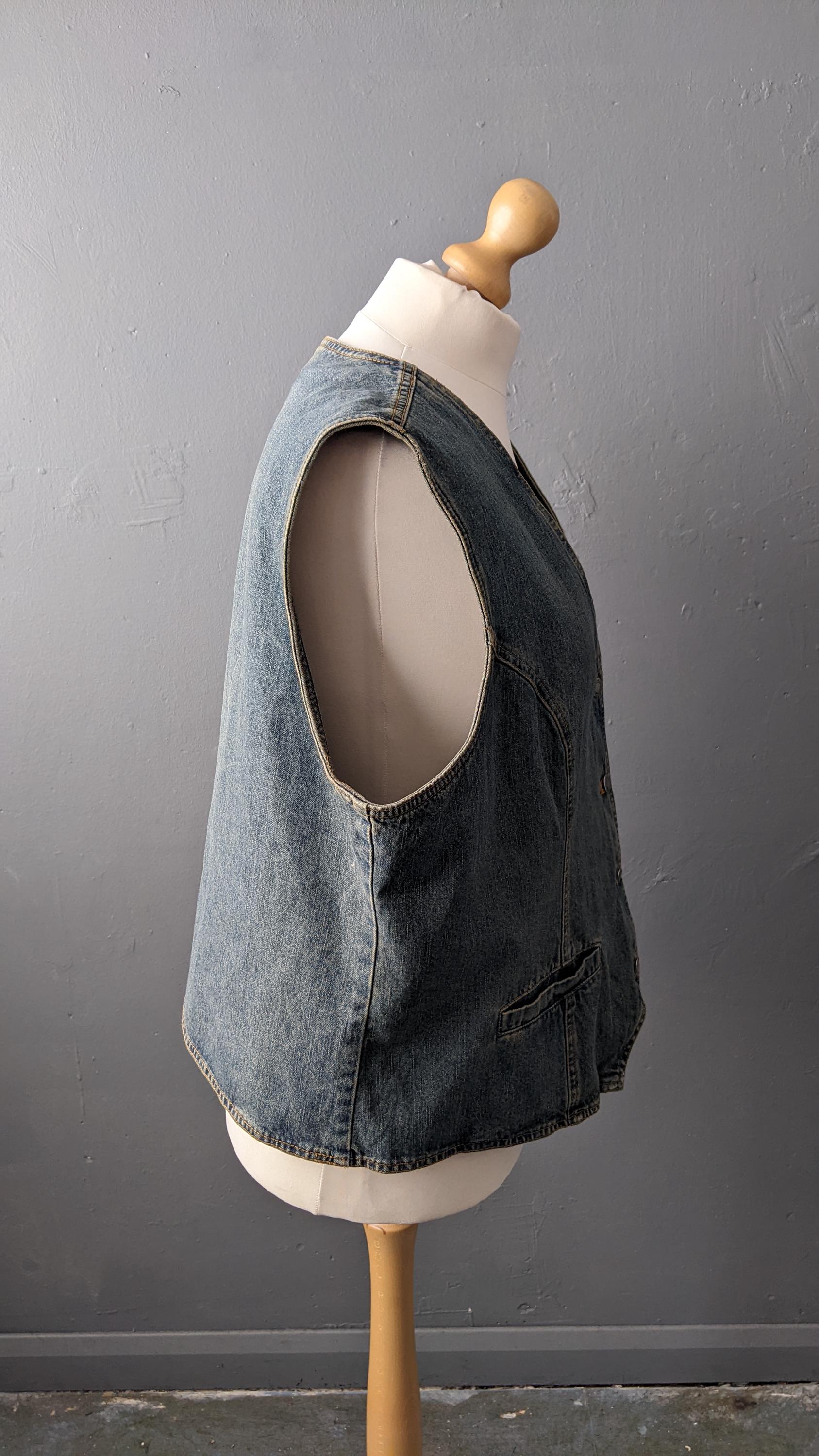 Plus Size Denim Vest, Vintage 90s Gilet, Sleeveless Jean Jacket, UK 24