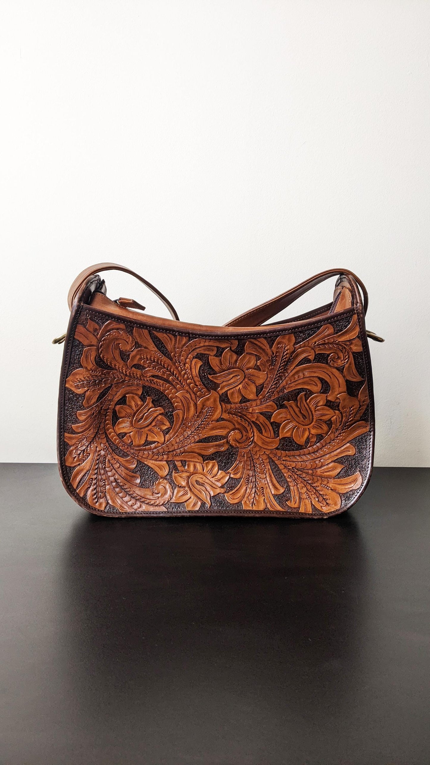 Vintage Tooled Leather Handbag with Adjustable Shoulder Strap, Bohemian Leafy Florals